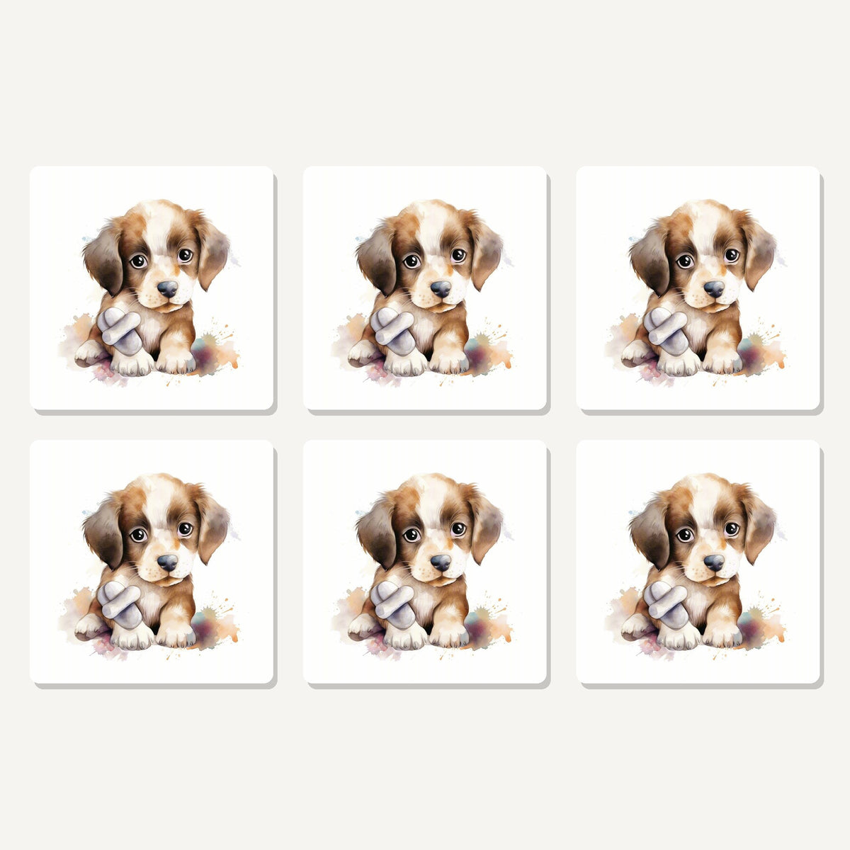 Flat lay of the puppy with a toy bone artwork on six square coasters