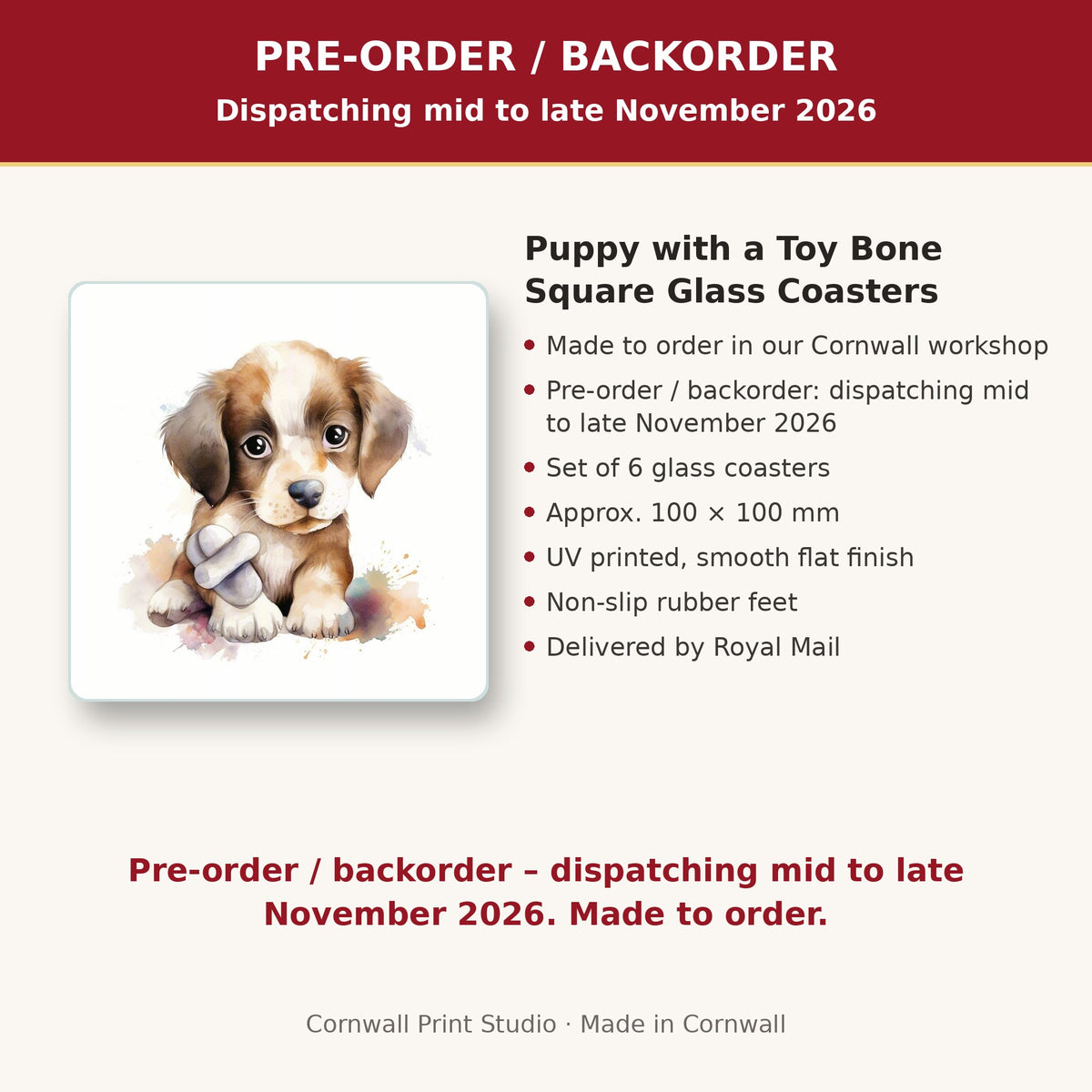 Info card: Puppy with a Toy Bone Square Glass Coasters – Set of 6, made to order, dispatching mid to late November 2026, delivered by Royal Mail
