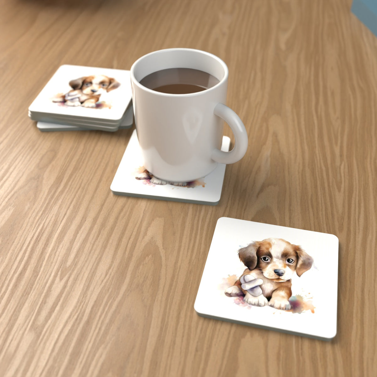 Puppy with a Toy Bone Square Glass Coasters – Set of 6 – lifestyle mockup with a mug of coffee