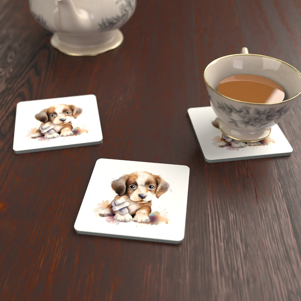Puppy with a Toy Bone Square Glass Coasters – Set of 6 – lifestyle mockup with a teacup