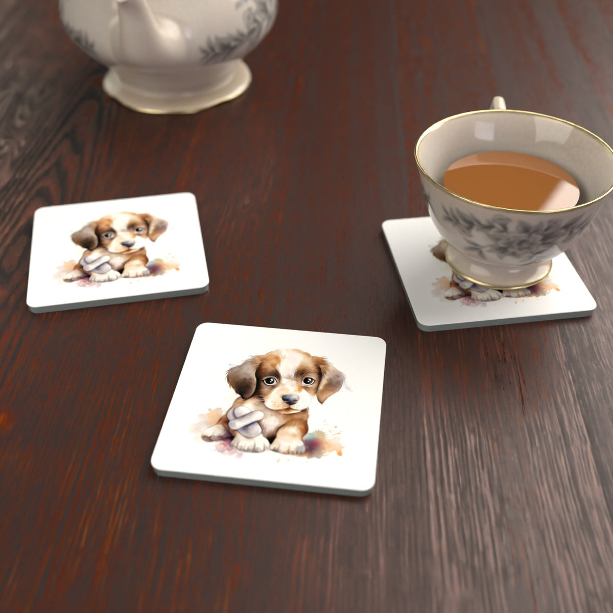 Puppy with a Toy Bone Square Glass Coasters – Set of 6 – lifestyle mockup with a teacup