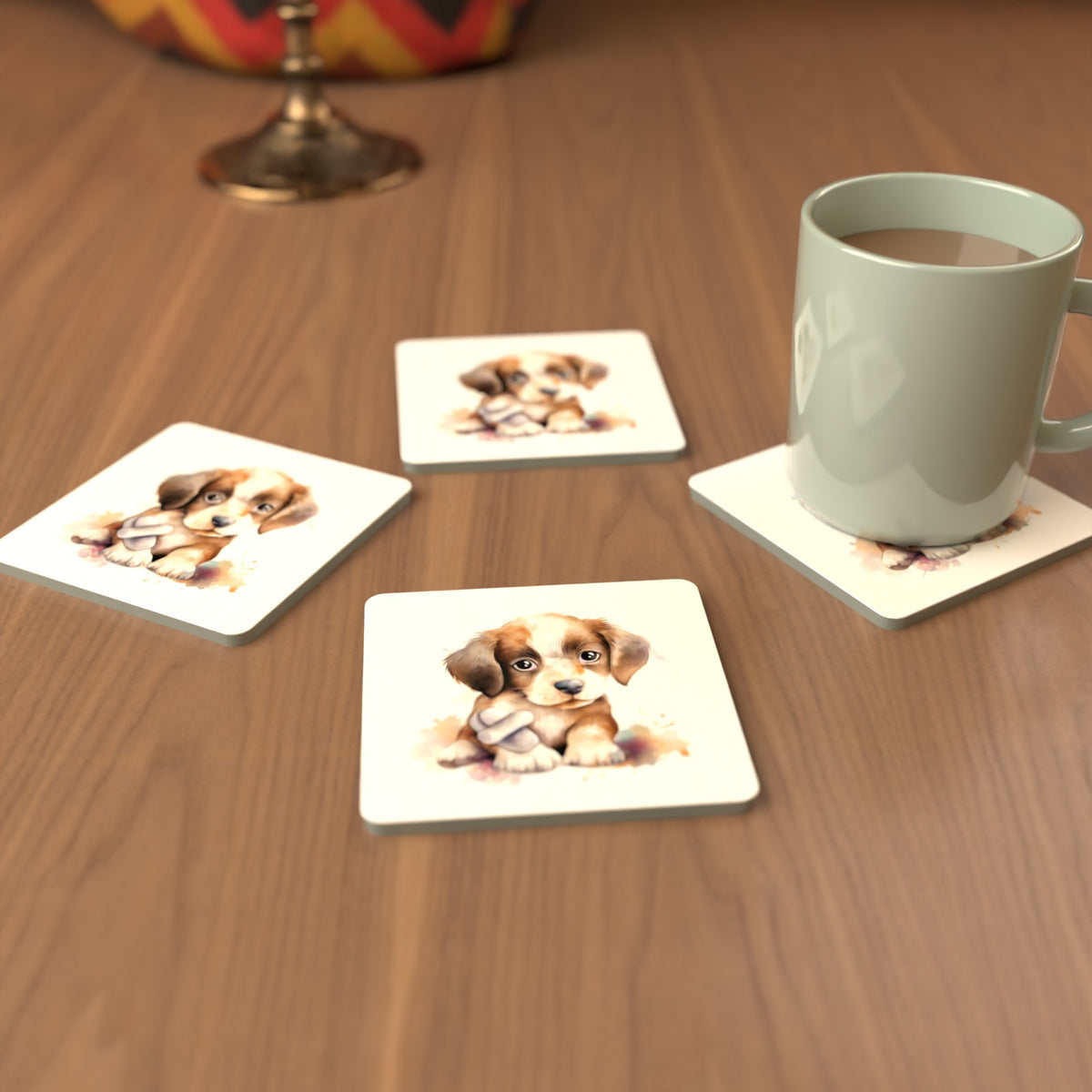 Puppy with a Toy Bone Square Glass Coasters – Set of 6 – cosy lifestyle mockup