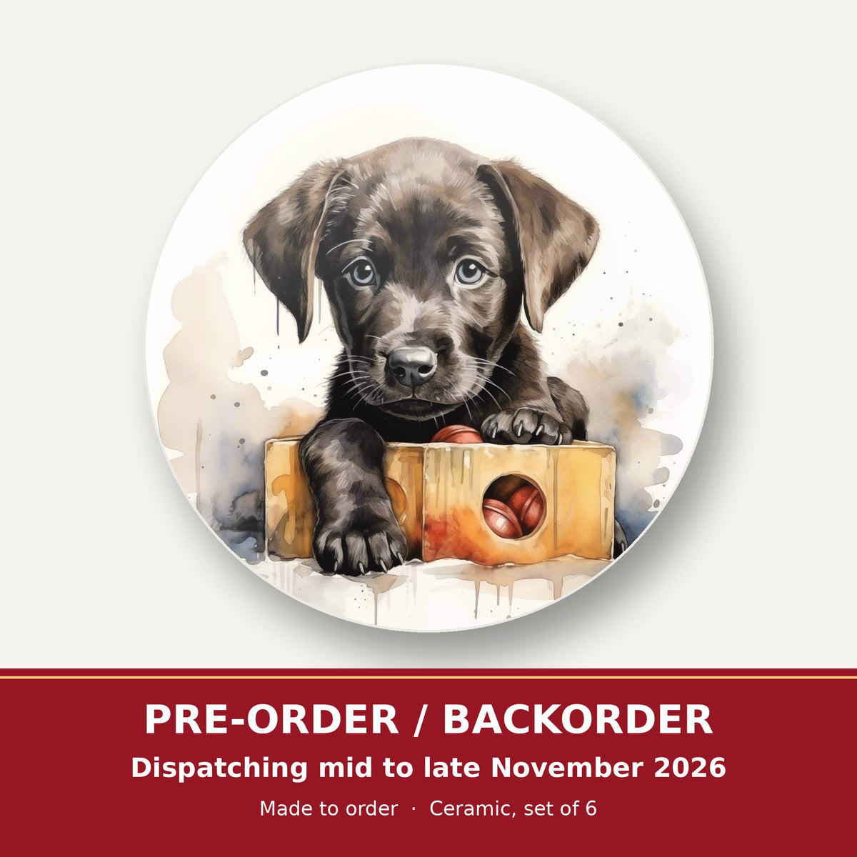 Black Labrador Puppy with Toy Box round ceramic coaster set of 6 – pre-order / backorder, dispatching mid to late November 2026