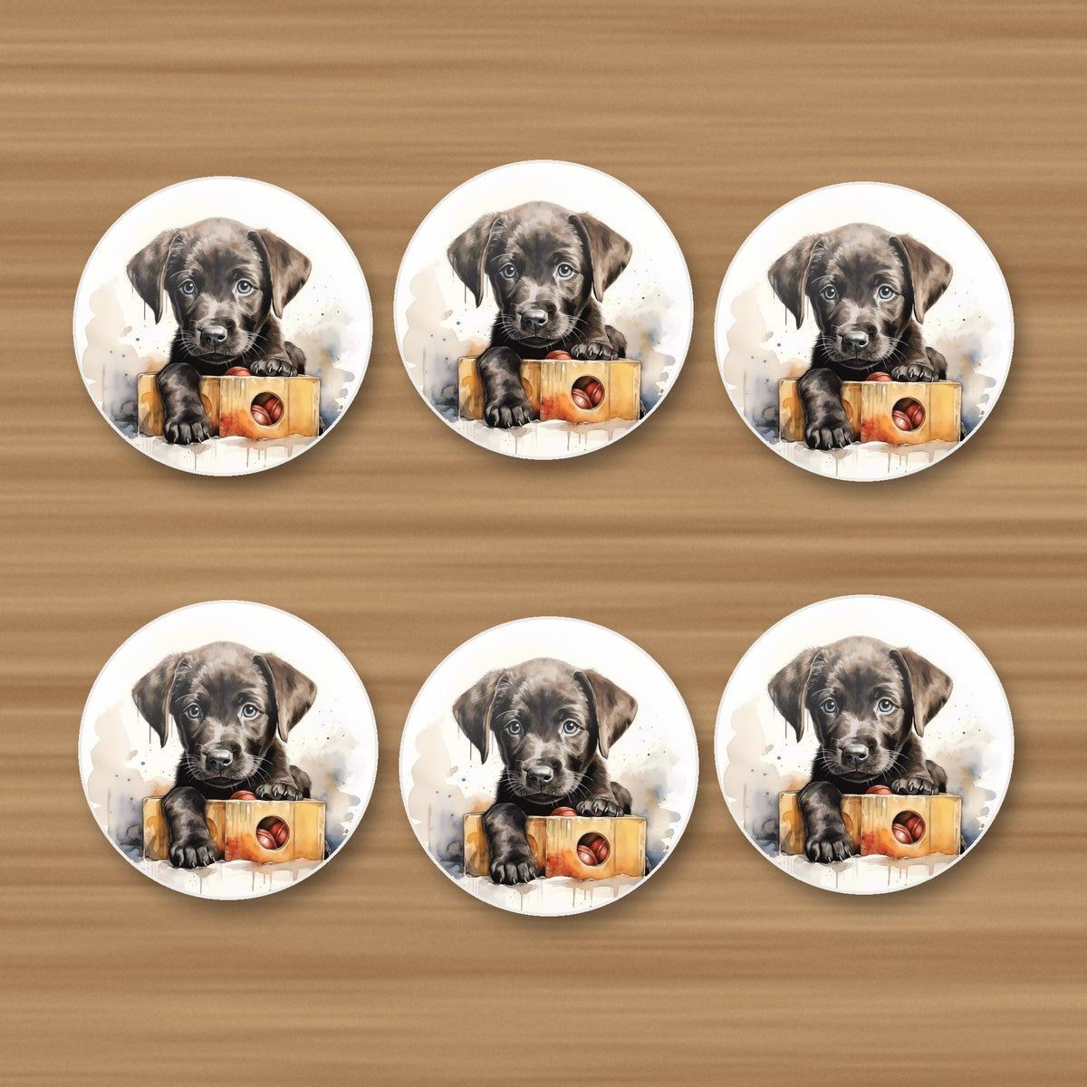 Black Labrador Puppy with Toy Box round ceramic coasters, set of 6, on an oak coffee table