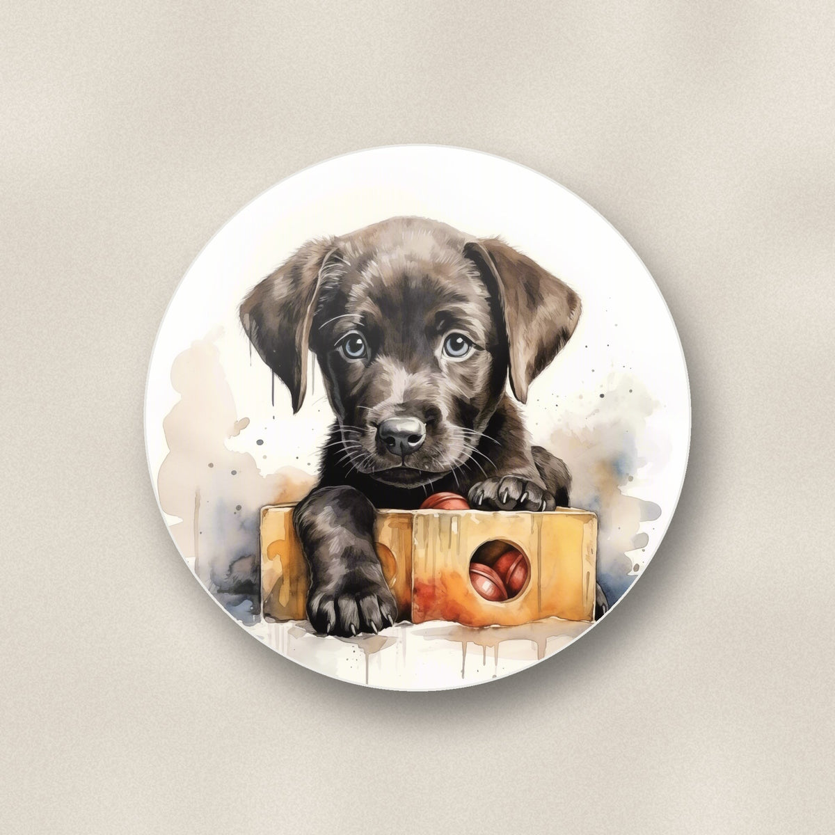 Close-up of one black labrador puppy with toy box round ceramic coaster, flat UV print
