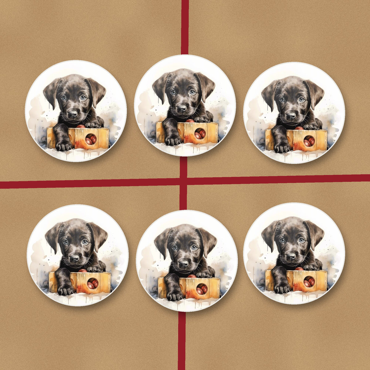 Black Labrador Puppy with Toy Box round ceramic coasters on kraft gift wrap