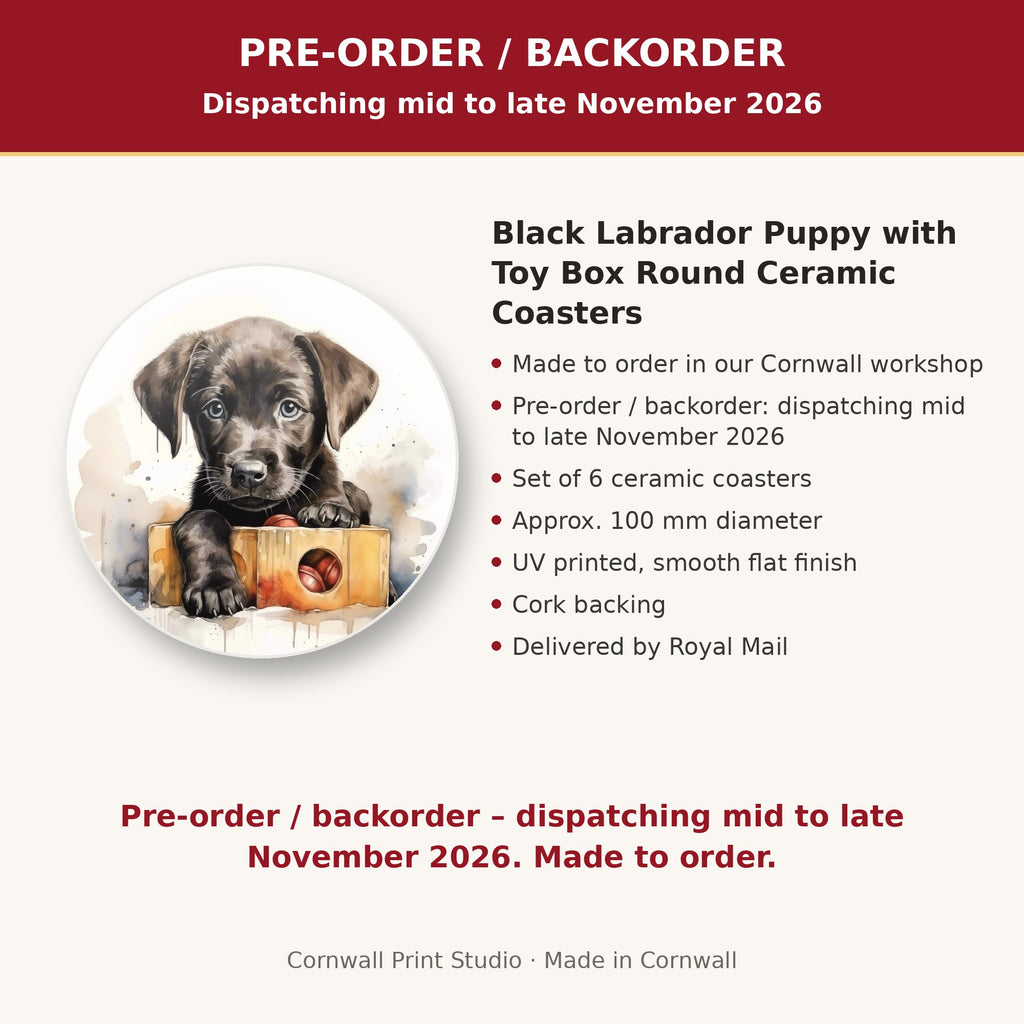Info card: Black Labrador Puppy with Toy Box Round Ceramic Coasters – Set of 6, made to order, dispatching mid to late November 2026, delivered by Royal Mail