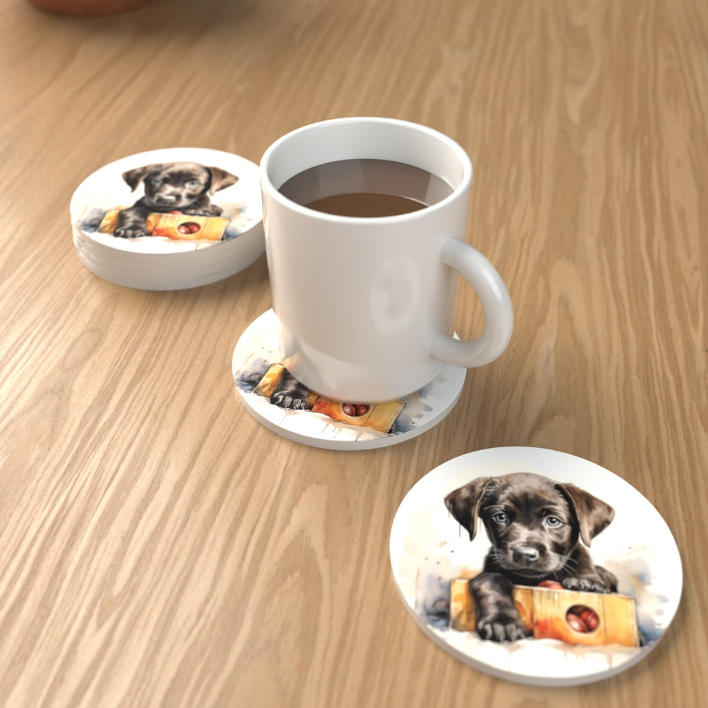 Black Labrador Puppy with Toy Box Round Ceramic Coasters – Set of 6 – lifestyle mockup with a mug of coffee
