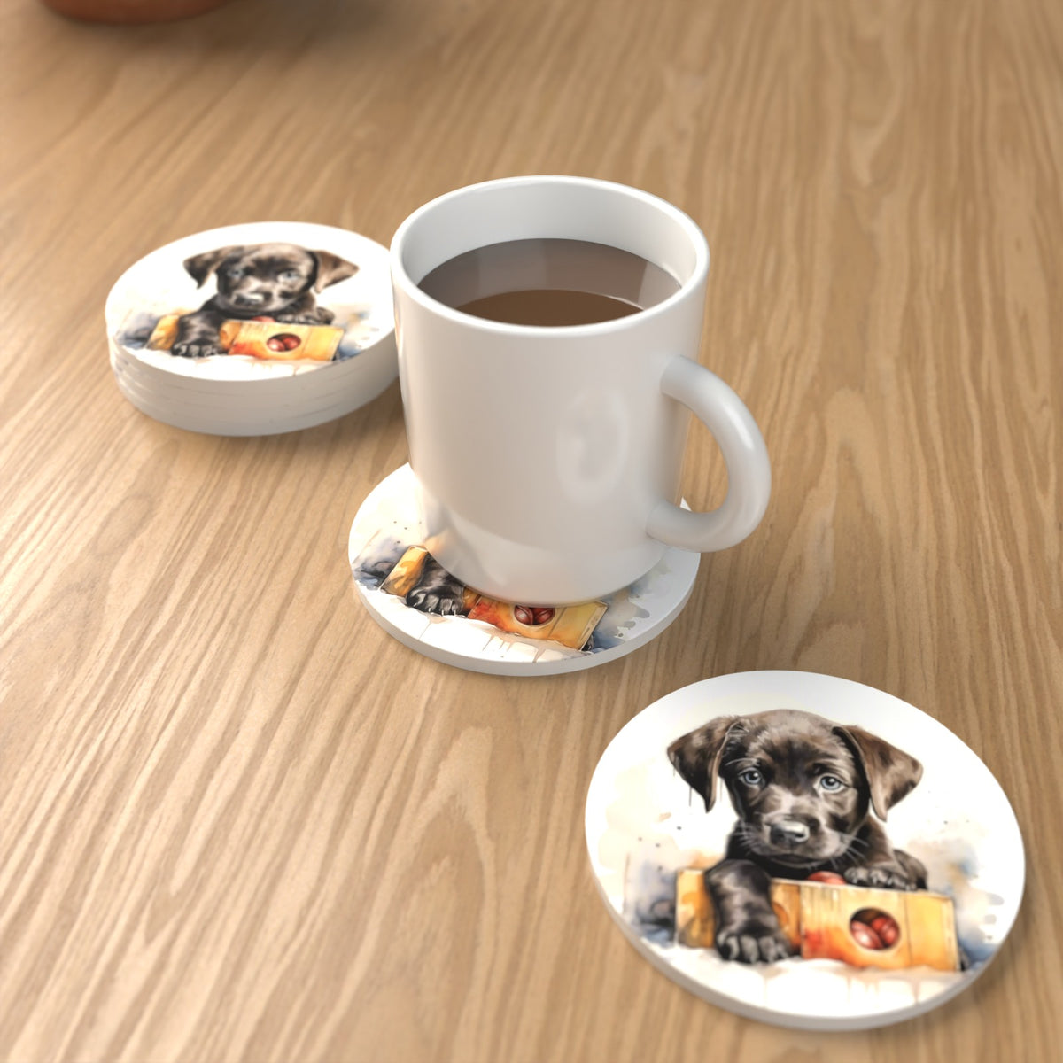 Black Labrador Puppy with Toy Box Round Ceramic Coasters – Set of 6 – lifestyle mockup with a mug of coffee