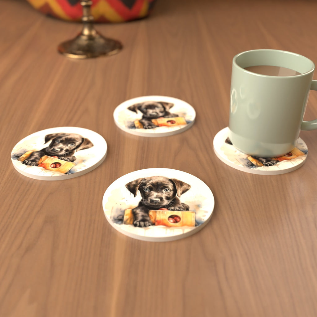 Black Labrador Puppy with Toy Box Round Ceramic Coasters – Set of 6 – cosy lifestyle mockup