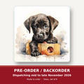 Black Labrador Puppy with Toy Box square glass coaster set of 6 – pre-order / backorder, dispatching mid to late November 2026