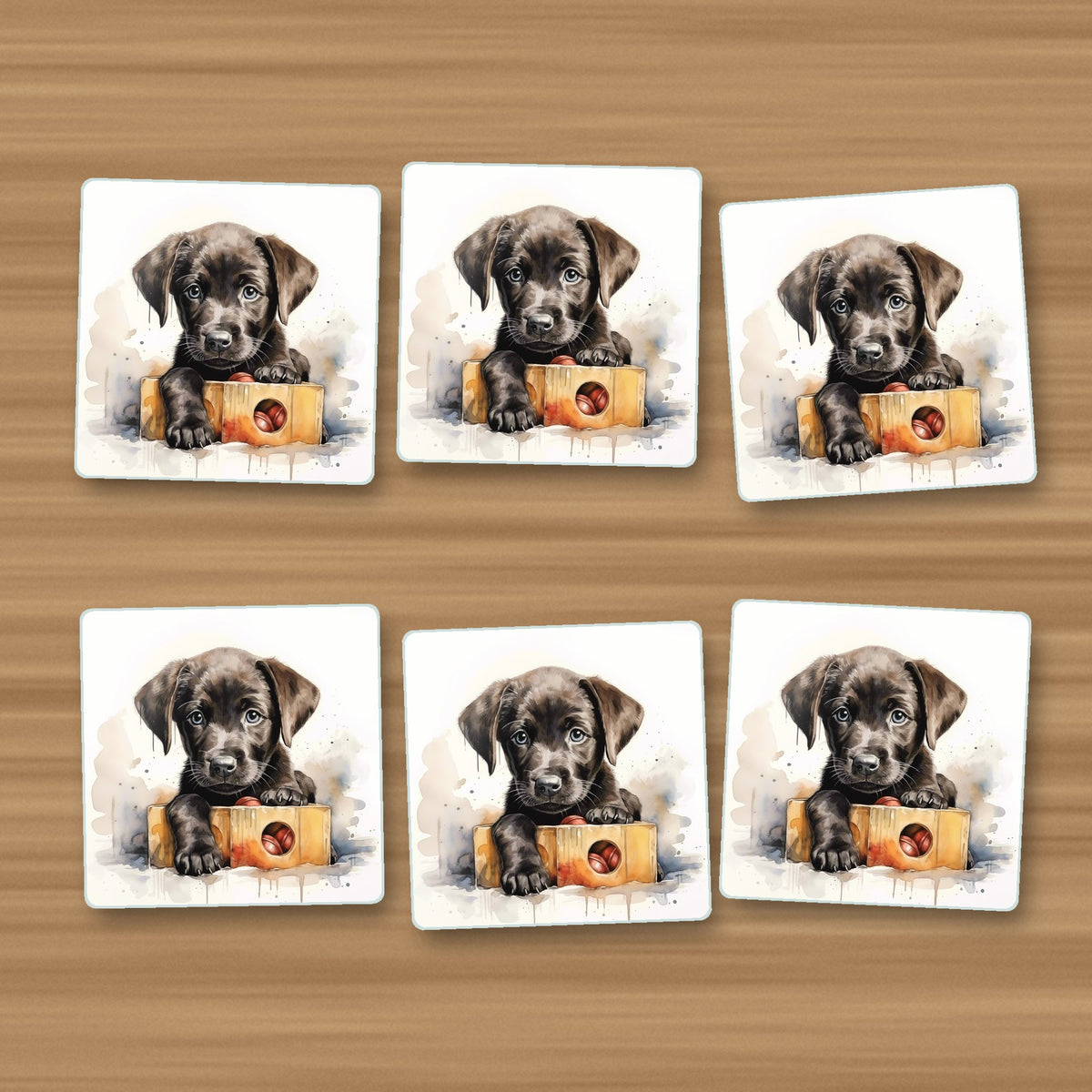 Black Labrador Puppy with Toy Box square glass coasters, set of 6, on an oak coffee table