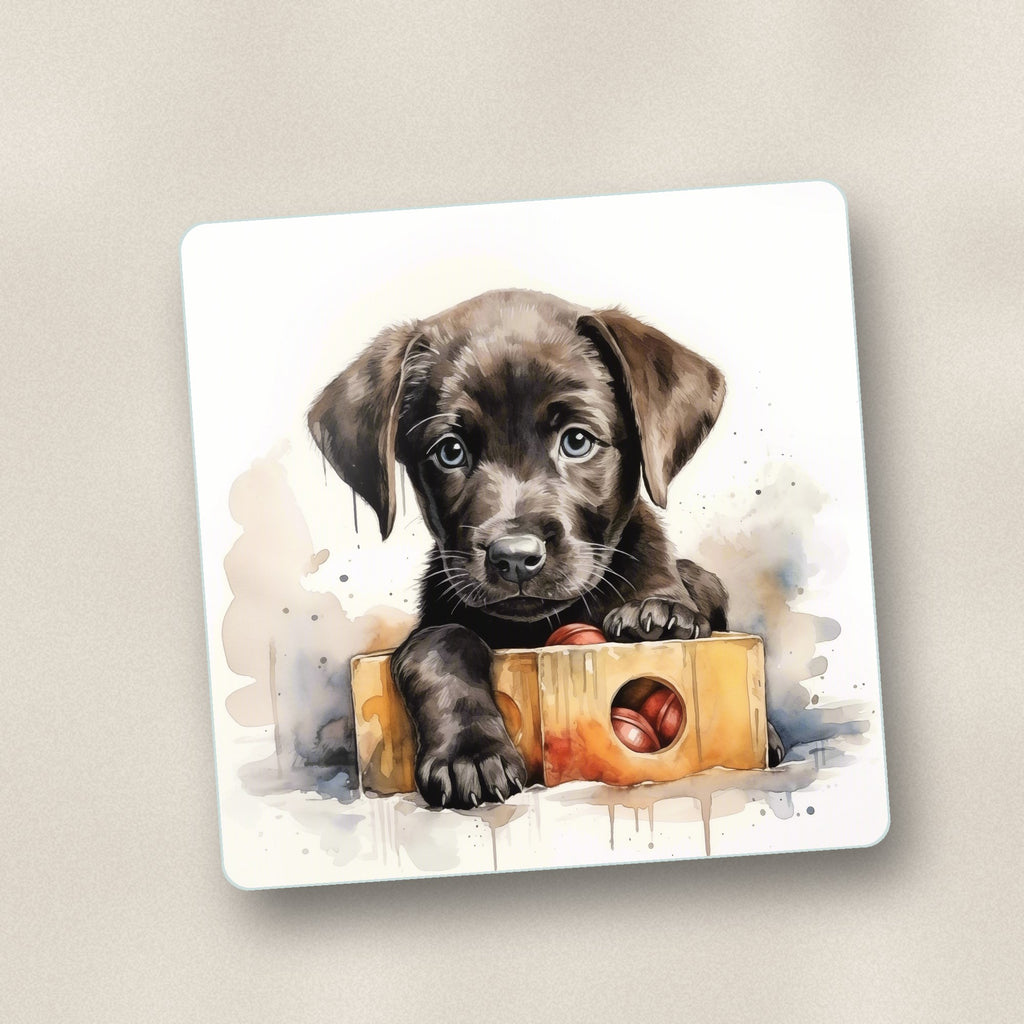 Close-up of one black labrador puppy with toy box square glass coaster, flat UV print
