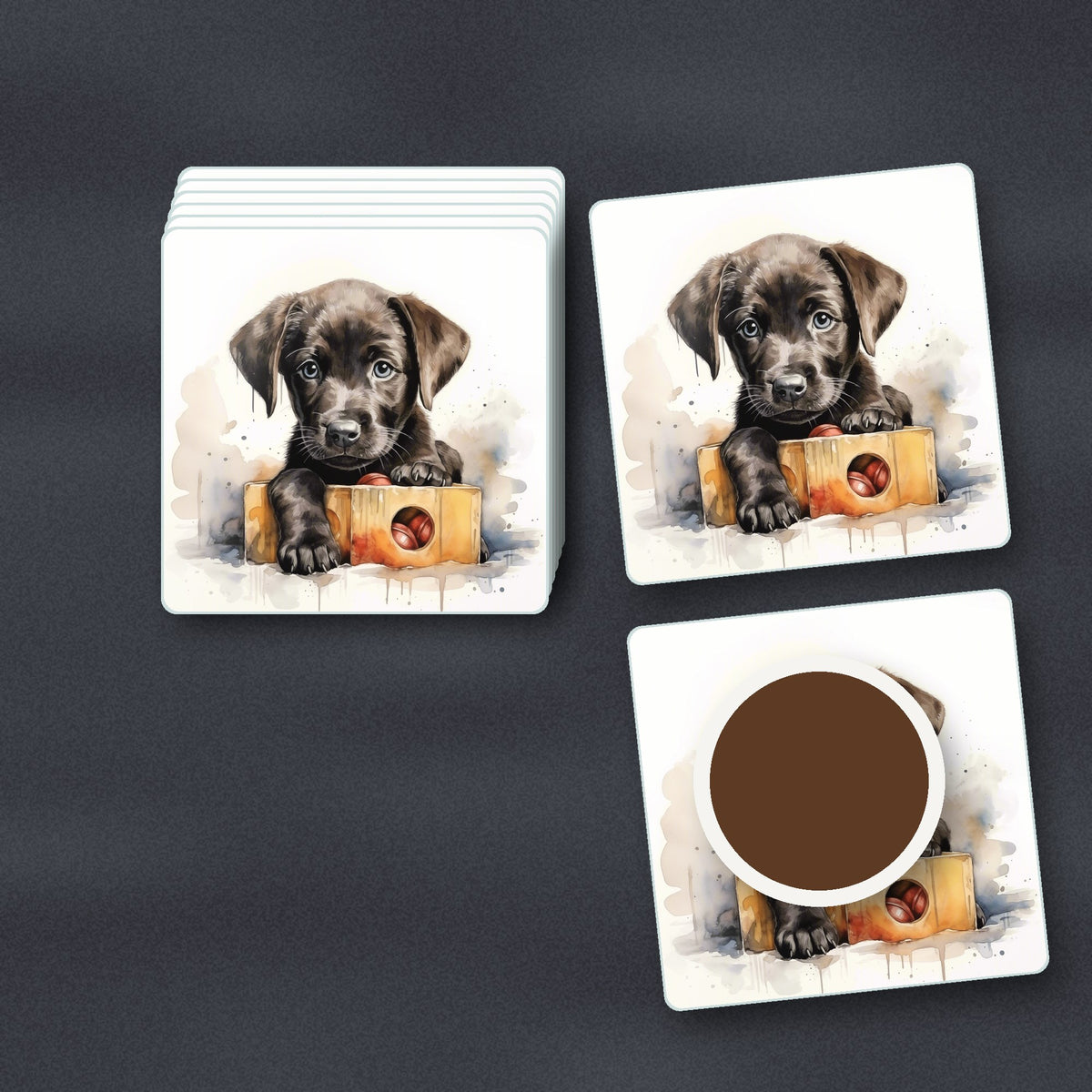 Black Labrador Puppy with Toy Box square glass coasters stacked on a slate kitchen worktop