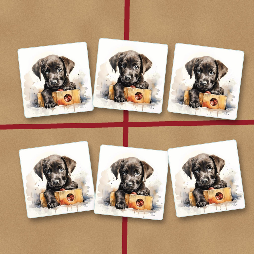 Black Labrador Puppy with Toy Box square glass coasters on kraft gift wrap