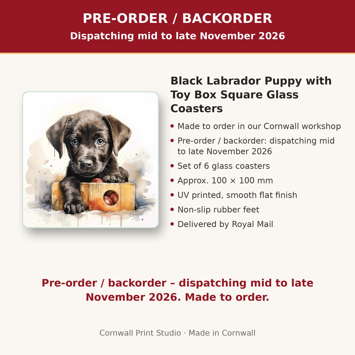 Info card: Black Labrador Puppy with Toy Box Square Glass Coasters – Set of 6, made to order, dispatching mid to late November 2026, delivered by Royal Mail