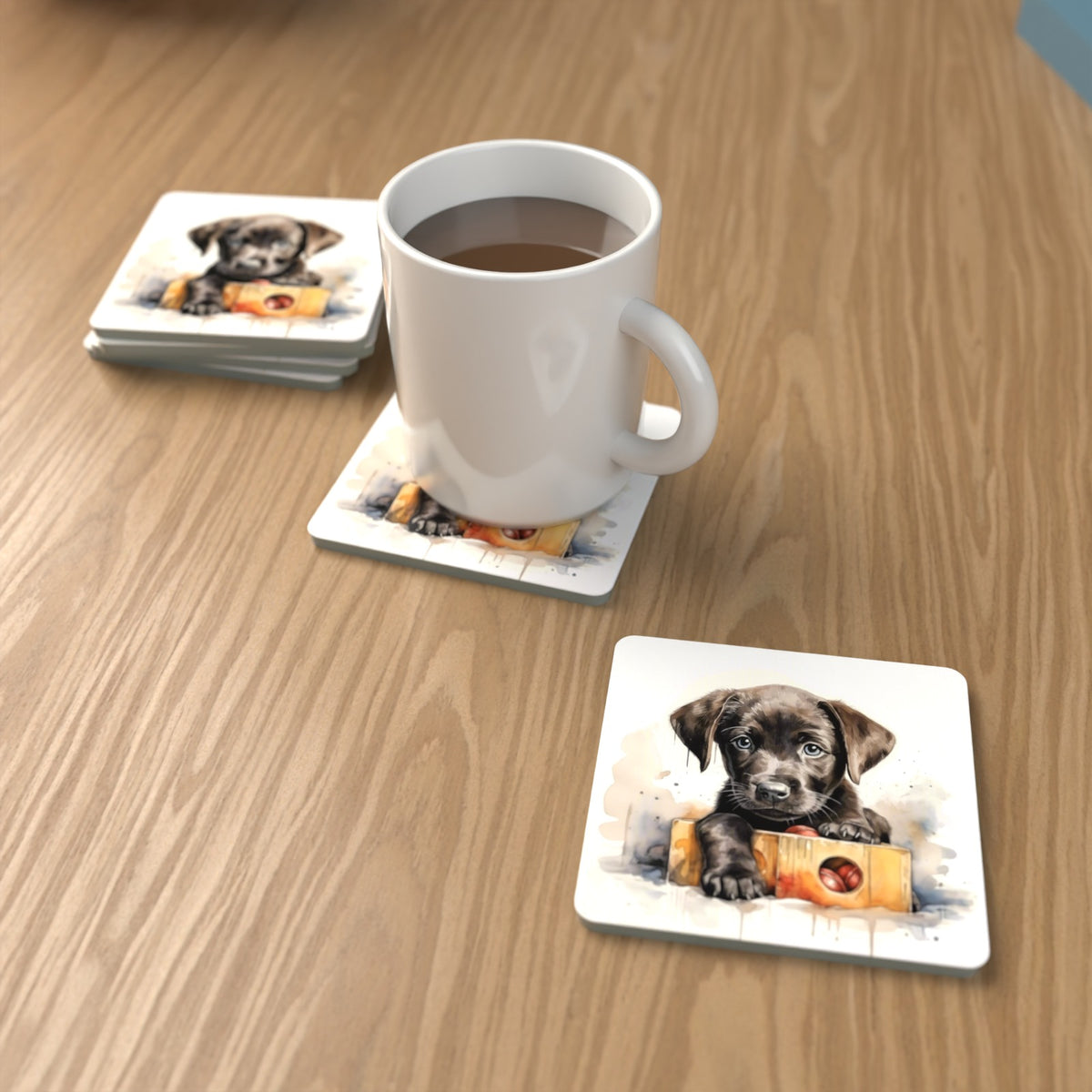 Black Labrador Puppy with Toy Box Square Glass Coasters – Set of 6 – lifestyle mockup with a mug of coffee