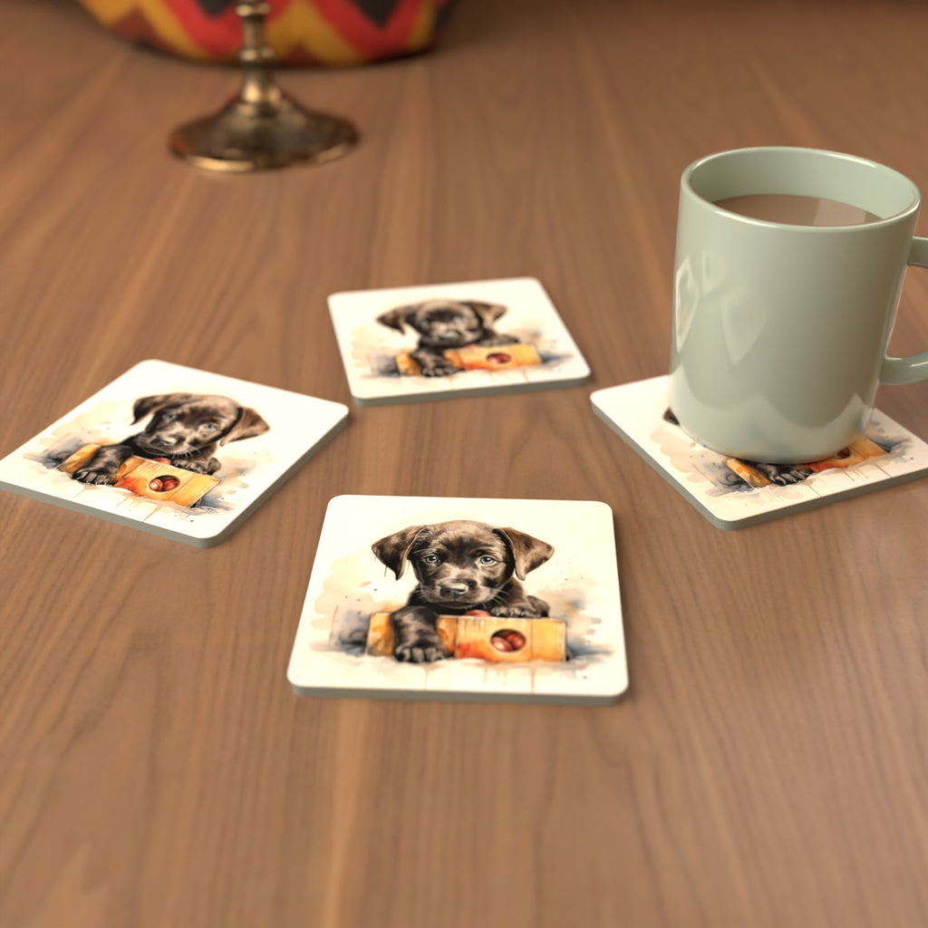 Black Labrador Puppy with Toy Box Square Glass Coasters – Set of 6 – cosy lifestyle mockup