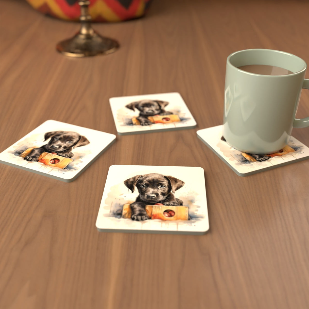 Black Labrador Puppy with Toy Box Square Glass Coasters – Set of 6 – cosy lifestyle mockup