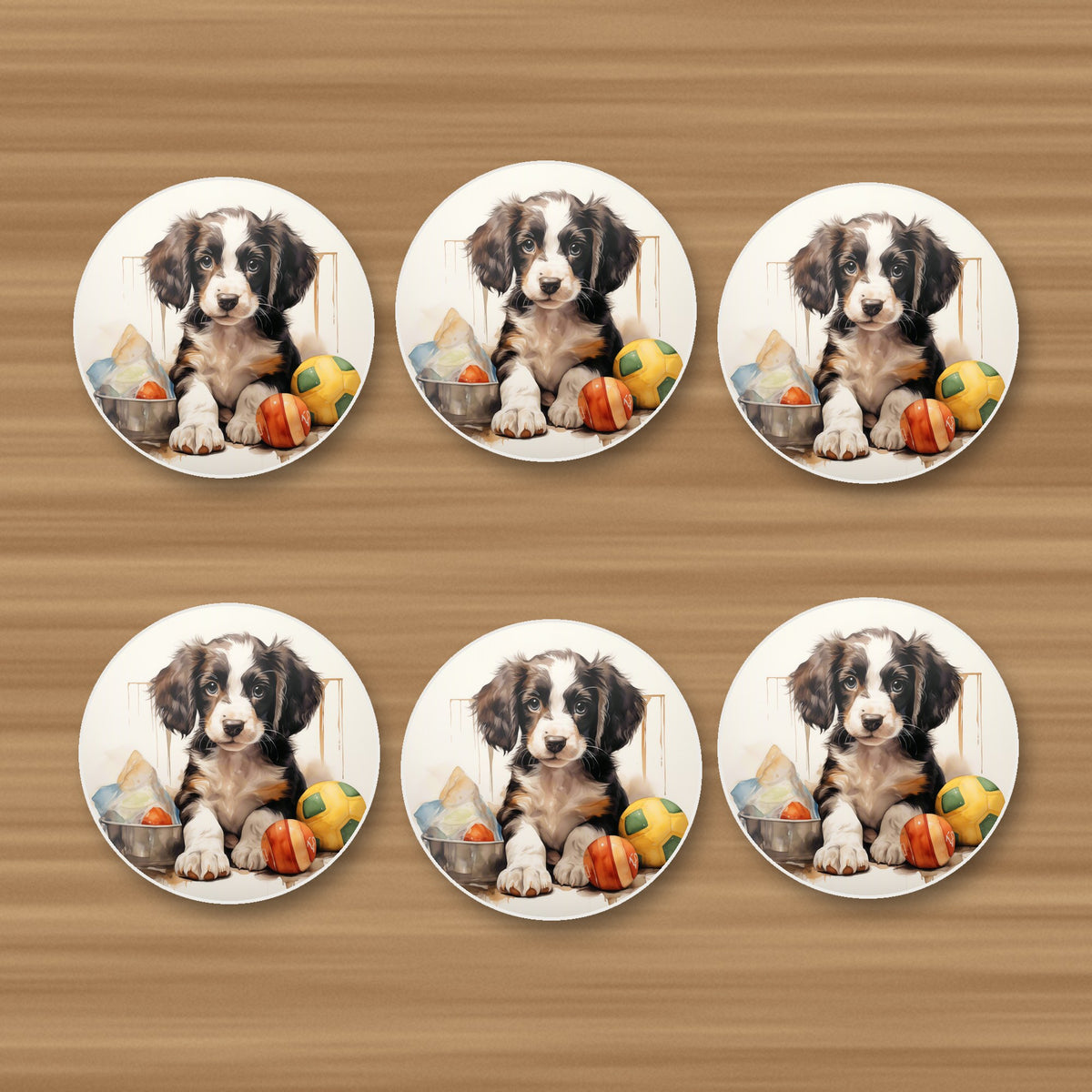 Springer Spaniel Puppy with Balls No.3 round ceramic coasters, set of 6, on an oak coffee table