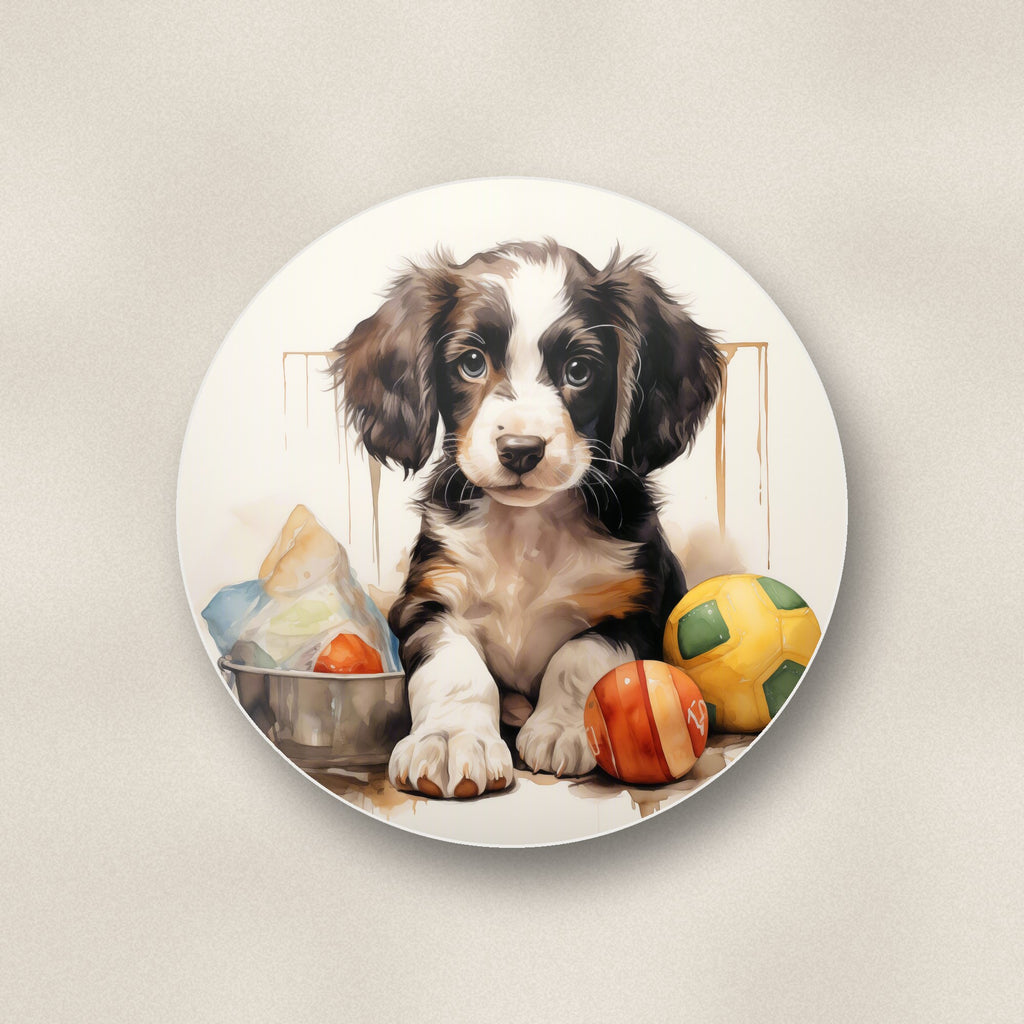 Close-up of one springer spaniel puppy with balls no.3 round ceramic coaster, flat UV print
