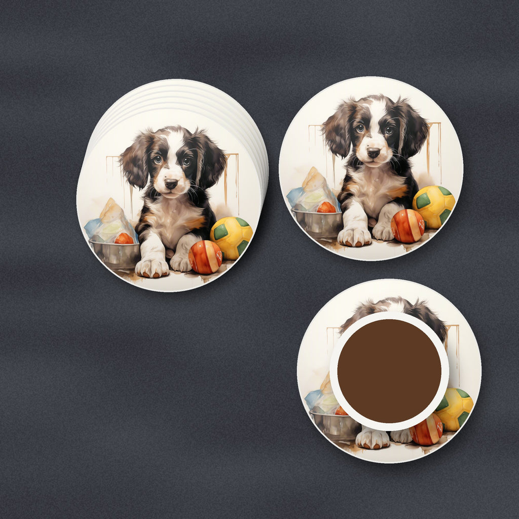 Springer Spaniel Puppy with Balls No.3 round ceramic coasters stacked on a slate kitchen worktop