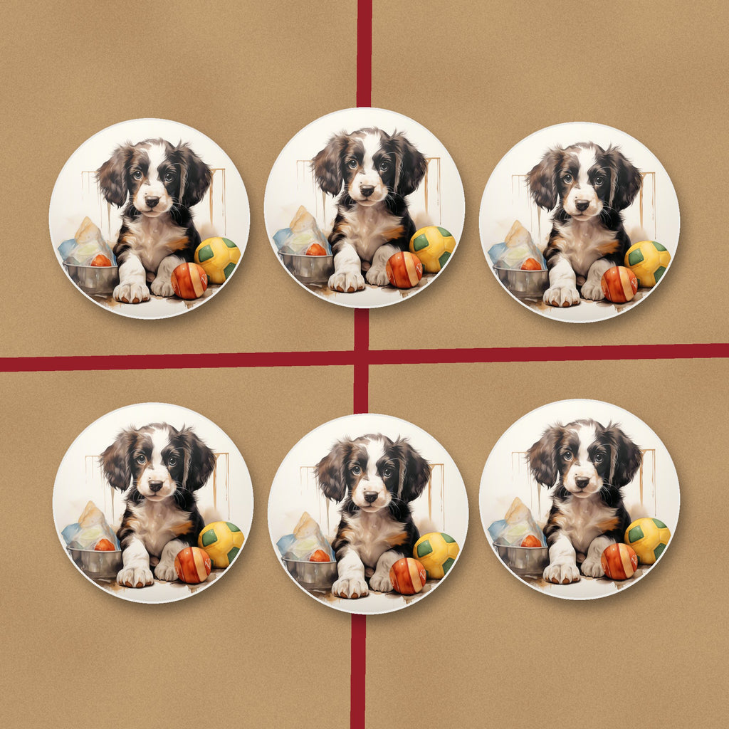 Springer Spaniel Puppy with Balls No.3 round ceramic coasters on kraft gift wrap
