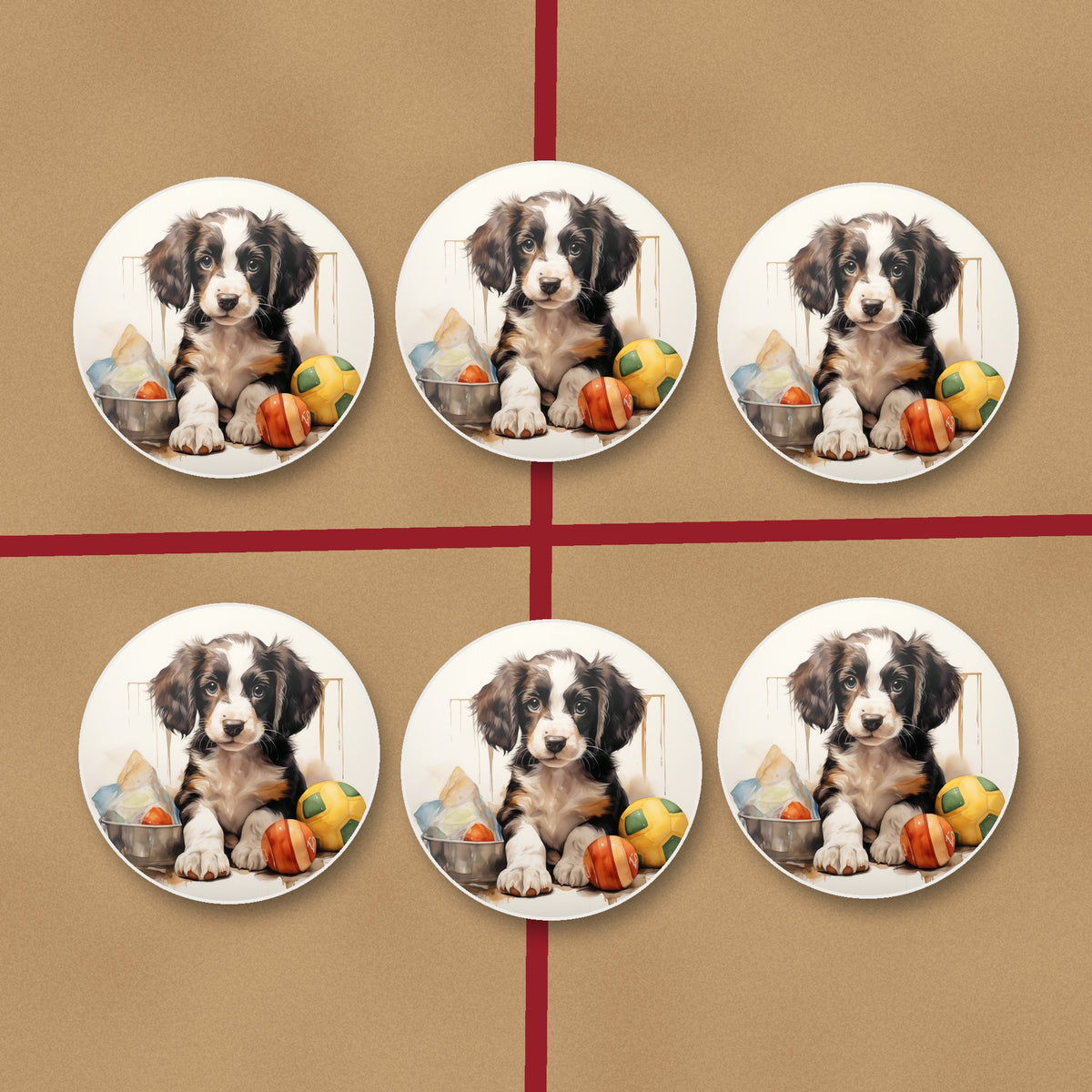 Springer Spaniel Puppy with Balls No.3 round ceramic coasters on kraft gift wrap