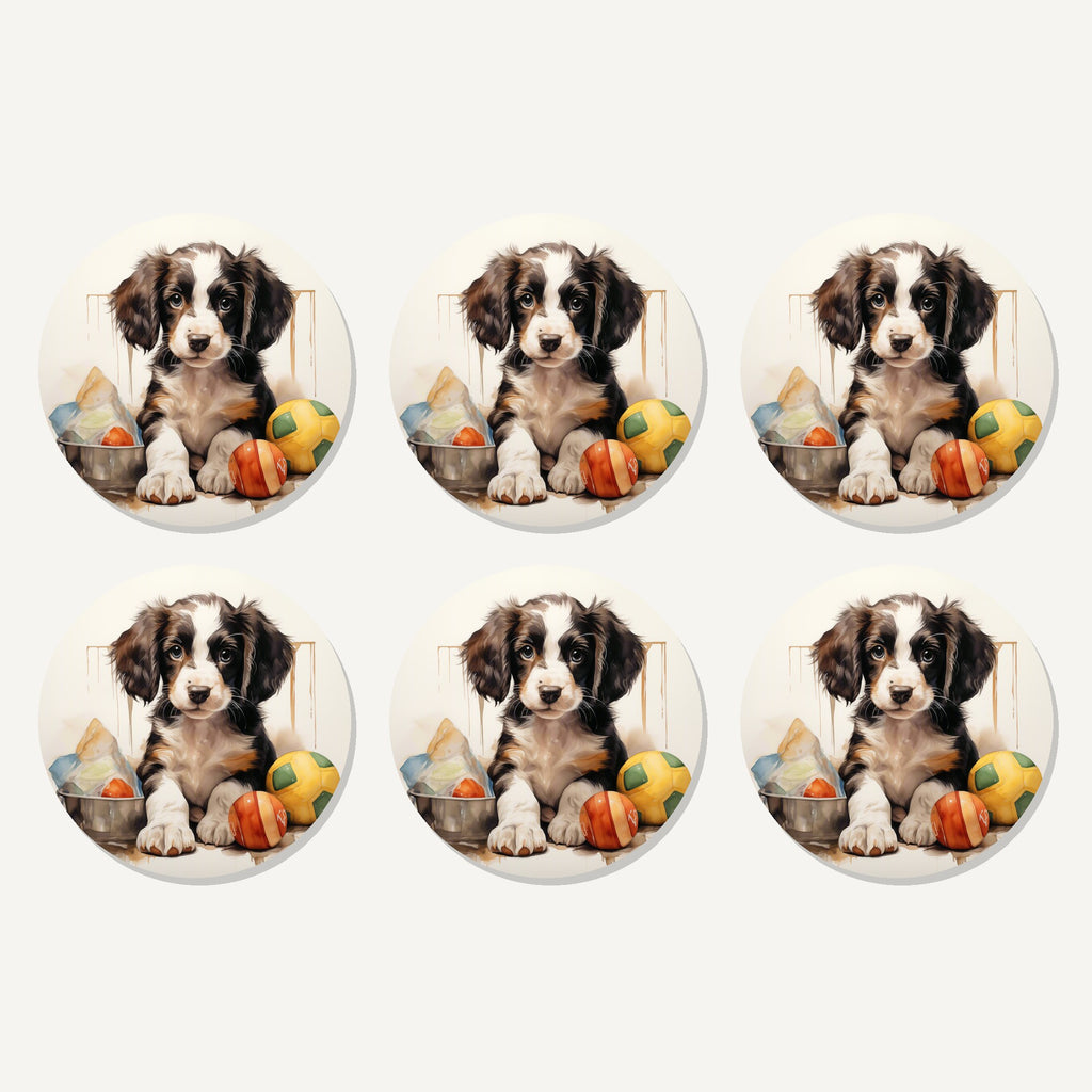 Flat lay of the springer spaniel puppy with balls no.3 artwork on six round coasters