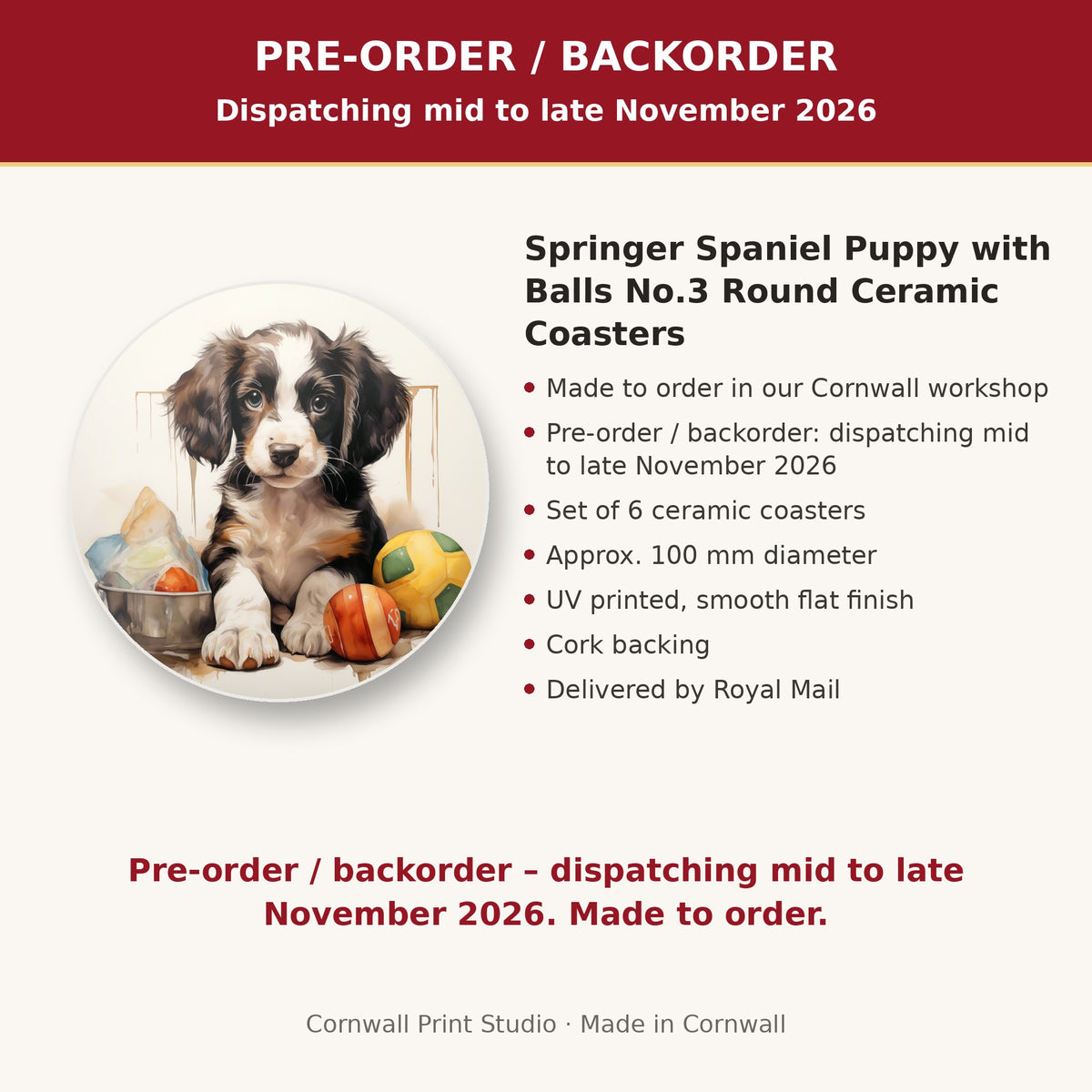 Info card: Springer Spaniel Puppy with Balls No.3 Round Ceramic Coasters – Set of 6, made to order, dispatching mid to late November 2026, delivered by Royal Mail