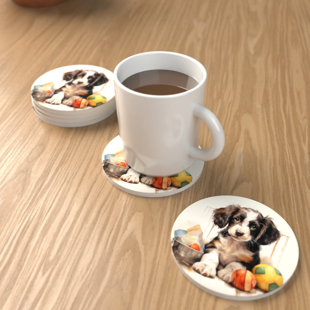 Springer Spaniel Puppy with Balls No.3 Round Ceramic Coasters – Set of 6 – lifestyle mockup with a mug of coffee