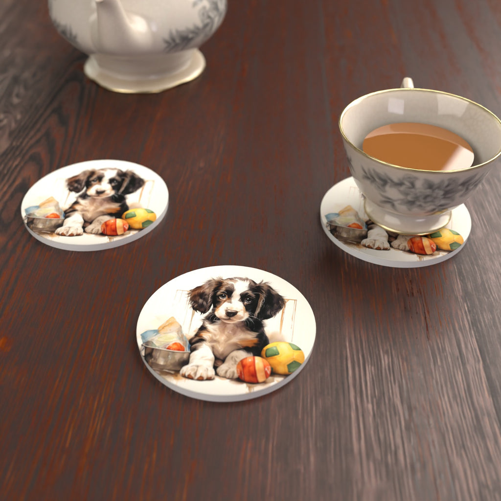 Springer Spaniel Puppy with Balls No.3 Round Ceramic Coasters – Set of 6 – lifestyle mockup with a teacup