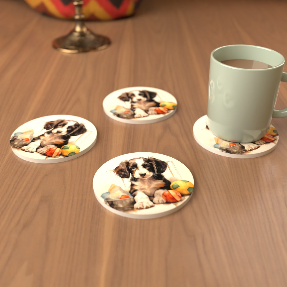 Springer Spaniel Puppy with Balls No.3 Round Ceramic Coasters – Set of 6 – cosy lifestyle mockup