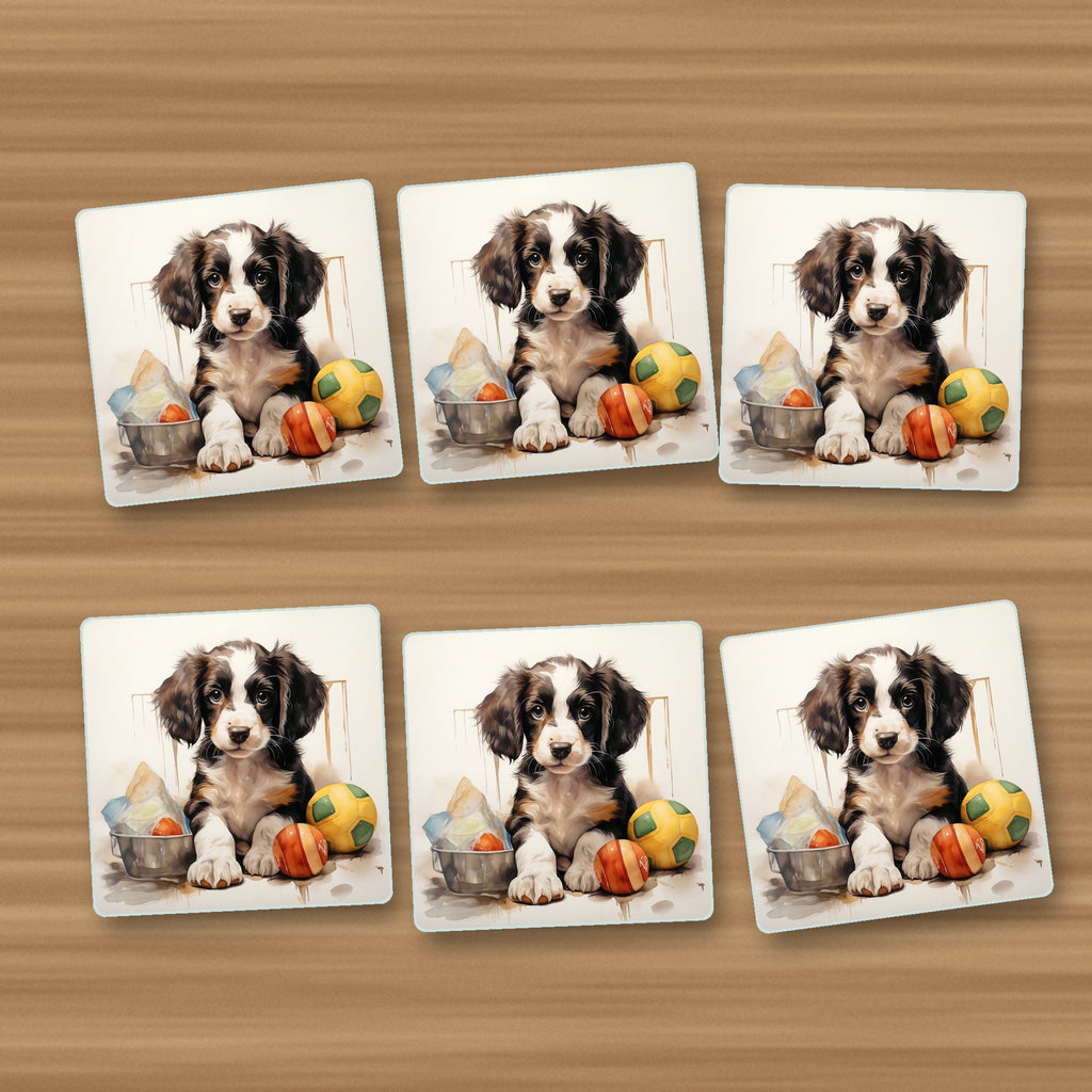 Springer Spaniel Puppy with Balls No.3 square glass coasters, set of 6, on an oak coffee table