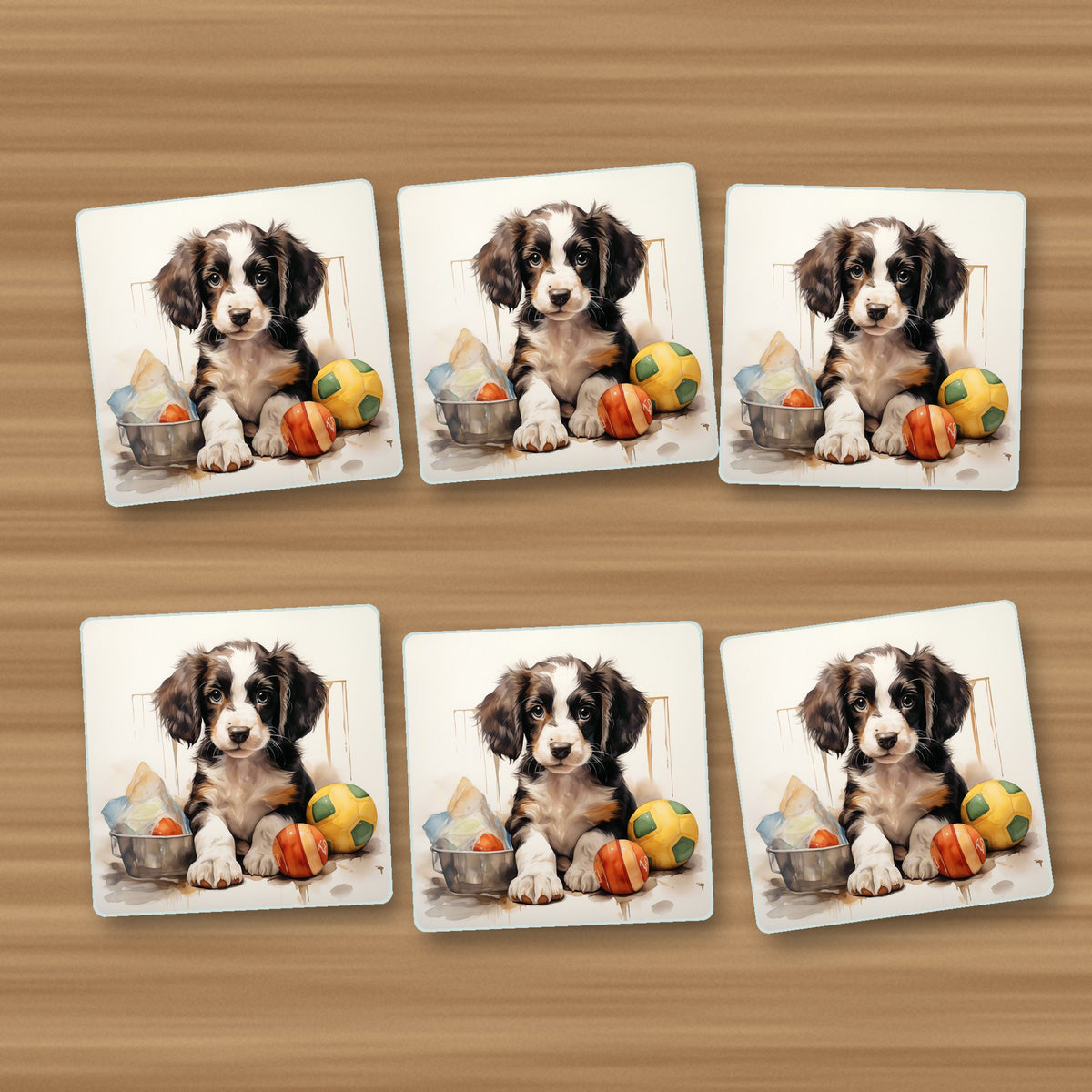 Springer Spaniel Puppy with Balls No.3 square glass coasters, set of 6, on an oak coffee table