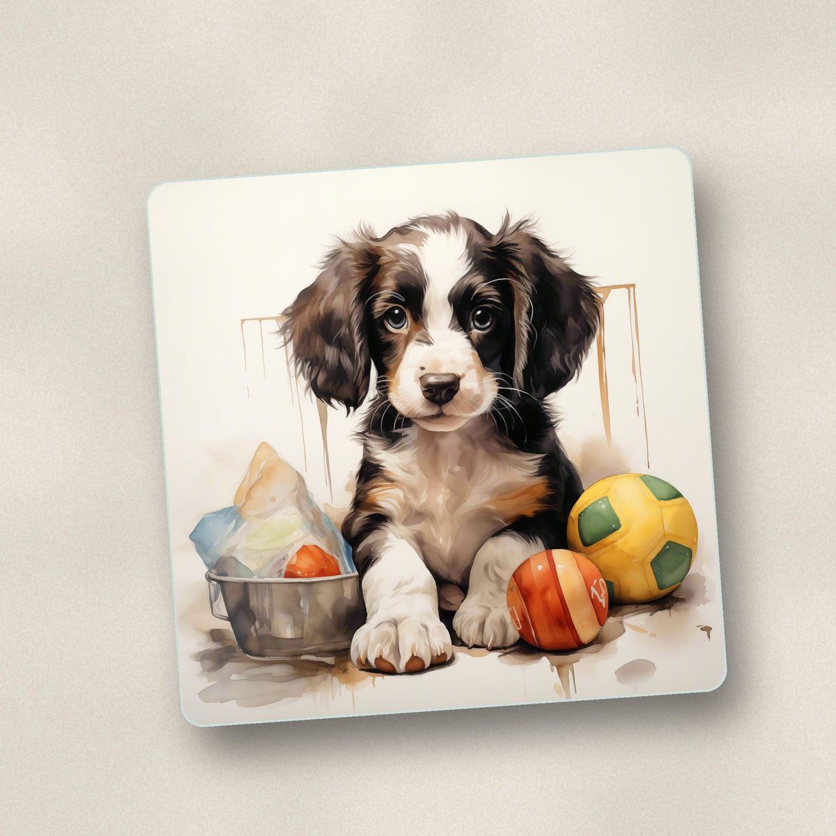 Close-up of one springer spaniel puppy with balls no.3 square glass coaster, flat UV print