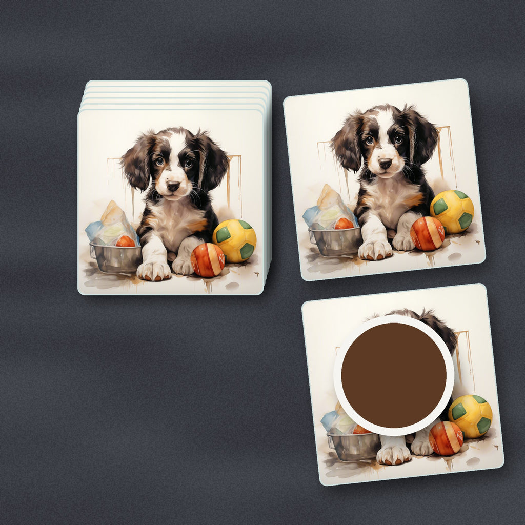 Springer Spaniel Puppy with Balls No.3 square glass coasters stacked on a slate kitchen worktop