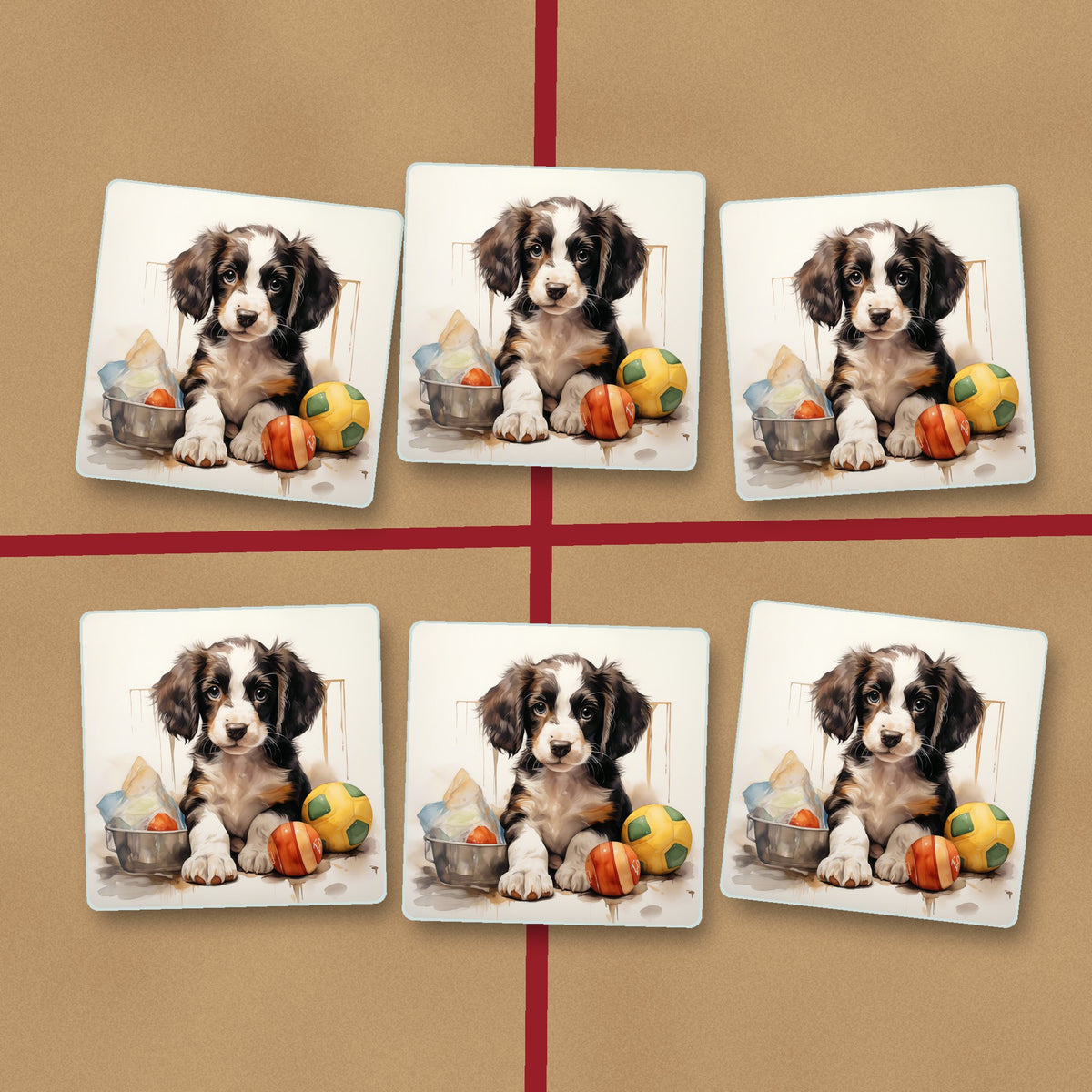 Springer Spaniel Puppy with Balls No.3 square glass coasters on kraft gift wrap