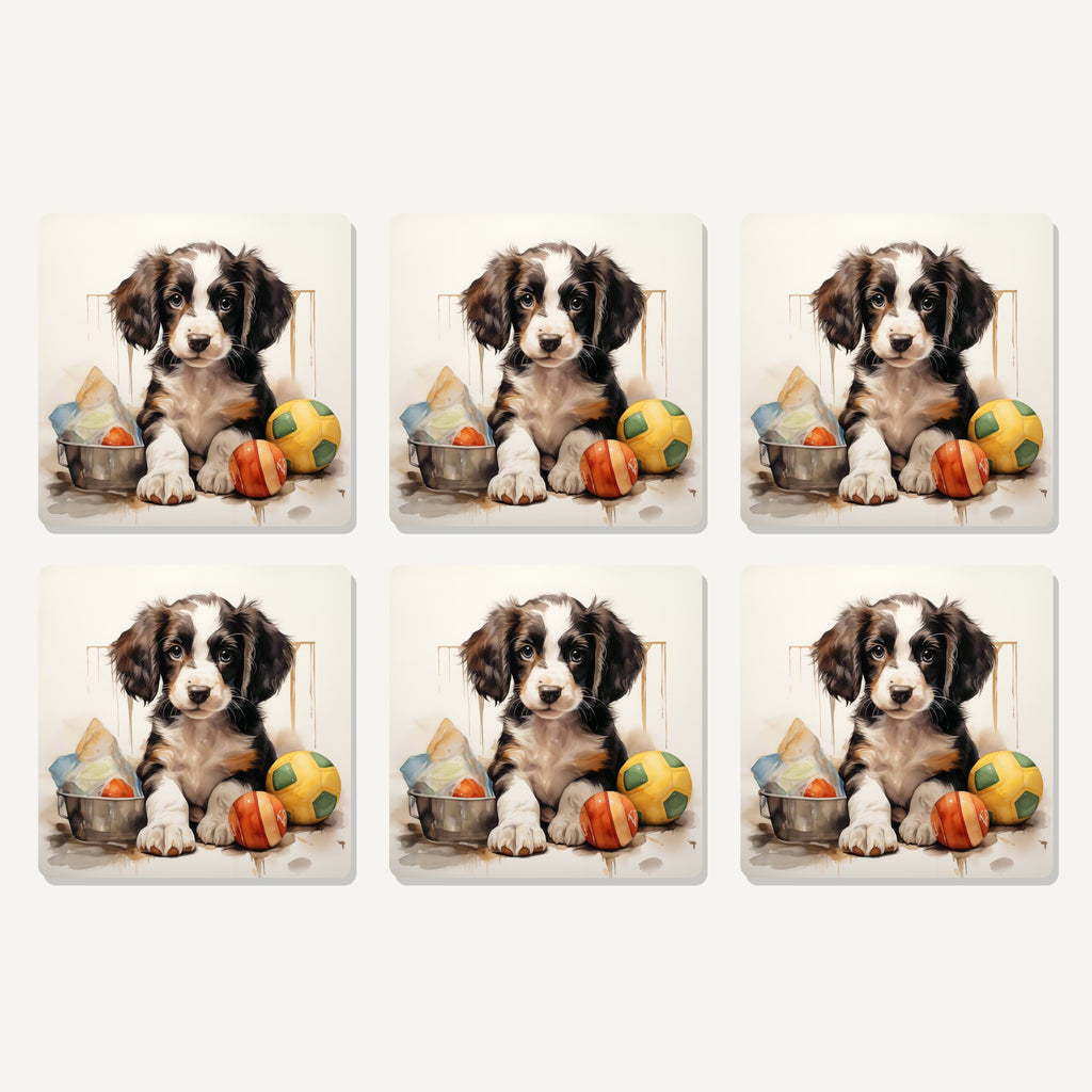 Flat lay of the springer spaniel puppy with balls no.3 artwork on six square coasters