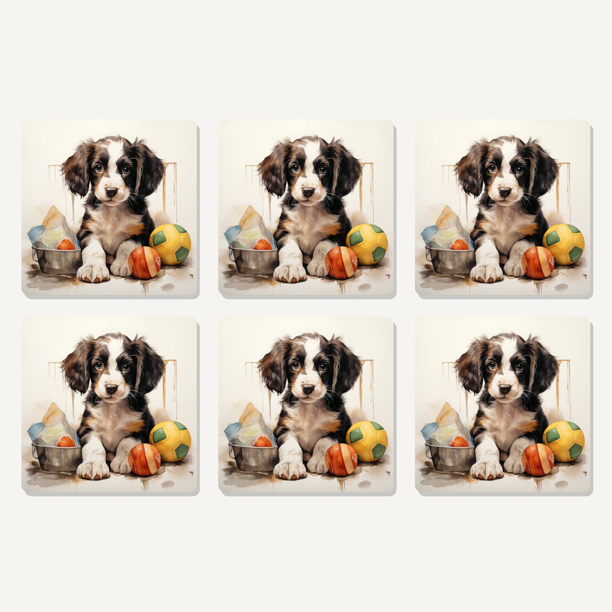Flat lay of the springer spaniel puppy with balls no.3 artwork on six square coasters