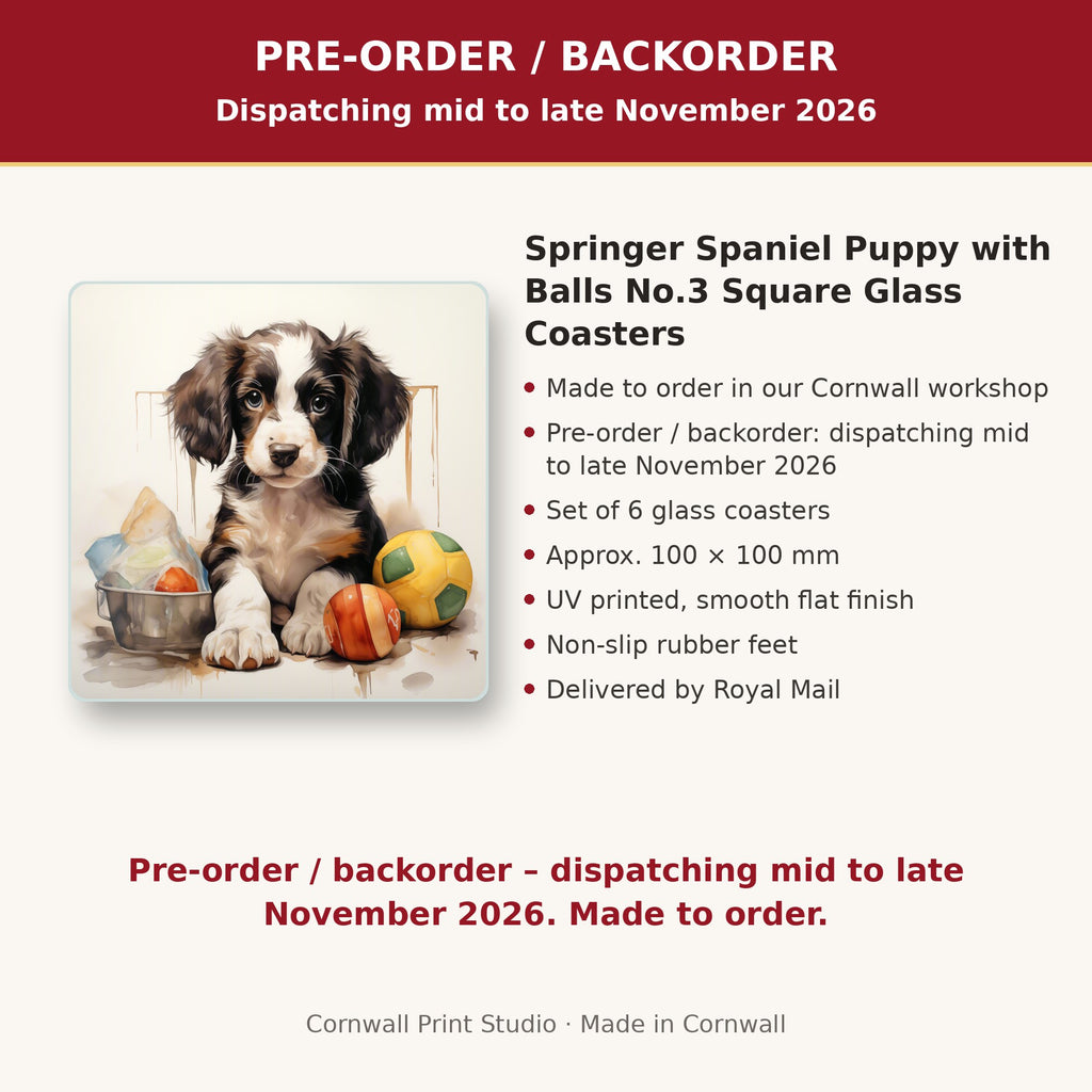 Info card: Springer Spaniel Puppy with Balls No.3 Square Glass Coasters – Set of 6, made to order, dispatching mid to late November 2026, delivered by Royal Mail