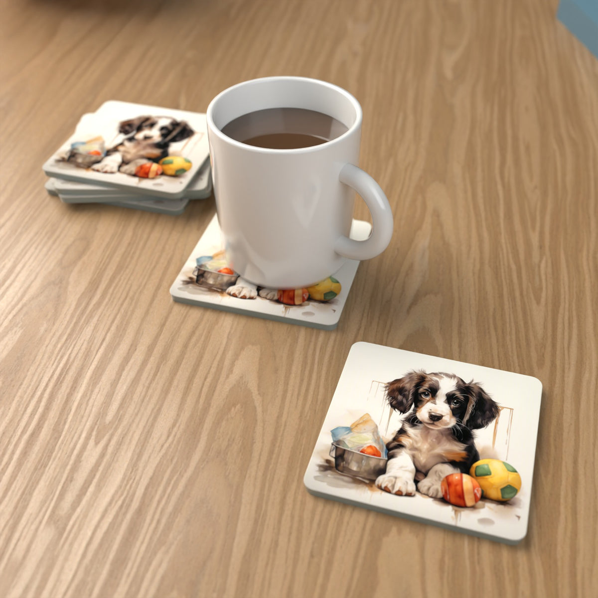 Springer Spaniel Puppy with Balls No.3 Square Glass Coasters – Set of 6 – lifestyle mockup with a mug of coffee