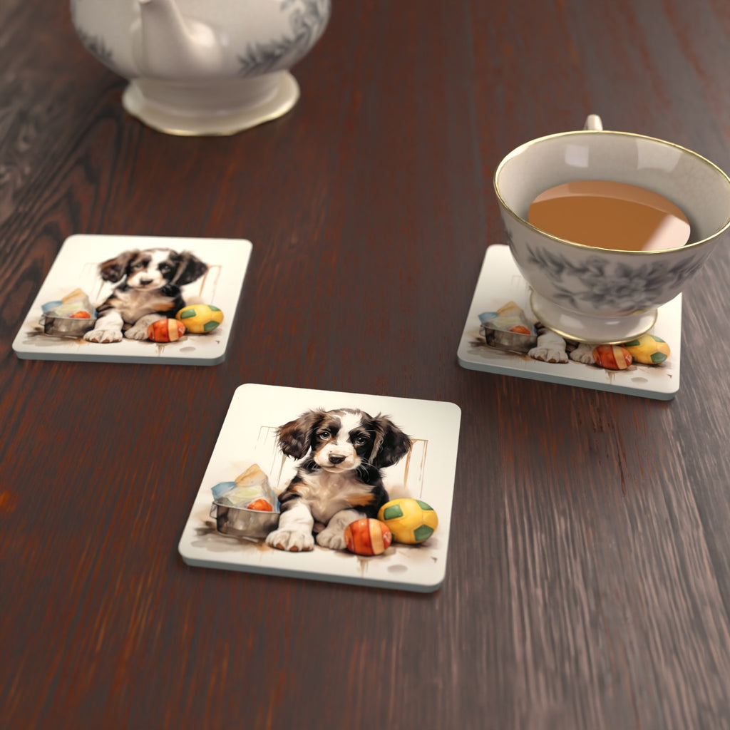 Springer Spaniel Puppy with Balls No.3 Square Glass Coasters – Set of 6 – lifestyle mockup with a teacup