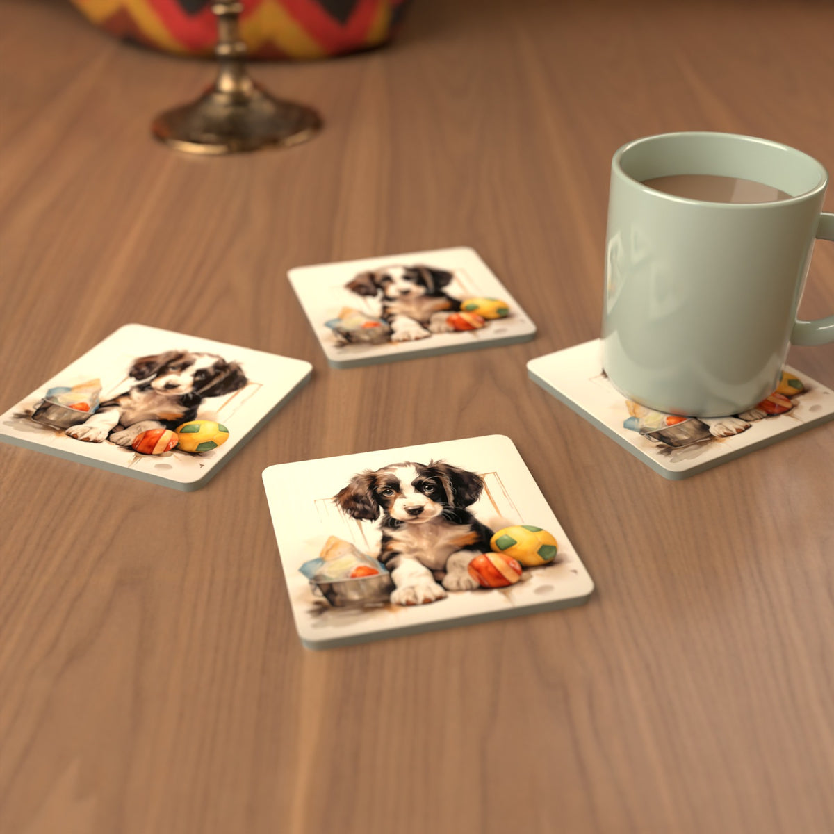 Springer Spaniel Puppy with Balls No.3 Square Glass Coasters – Set of 6 – cosy lifestyle mockup