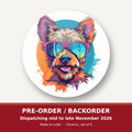 Terrier in Pink Sunglasses round ceramic coaster set of 6 – pre-order / backorder, dispatching mid to late November 2026