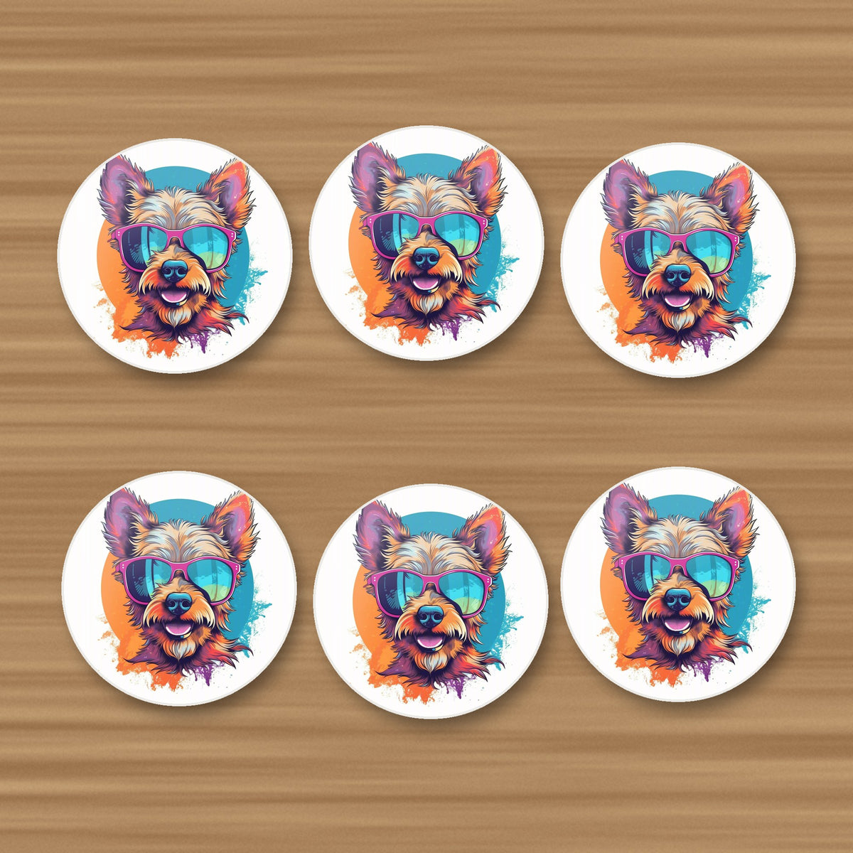 Terrier in Pink Sunglasses round ceramic coasters, set of 6, on an oak coffee table