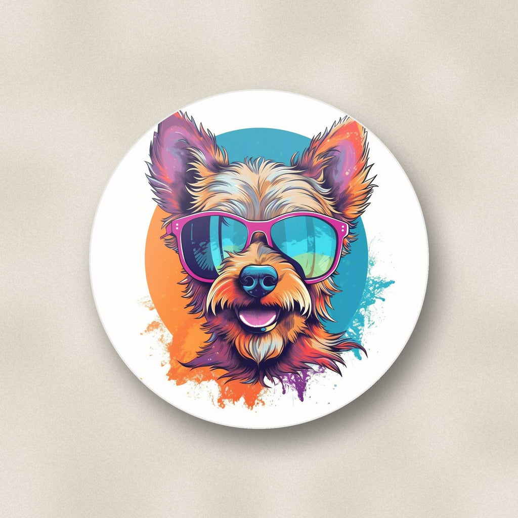 Close-up of one terrier in pink sunglasses round ceramic coaster, flat UV print