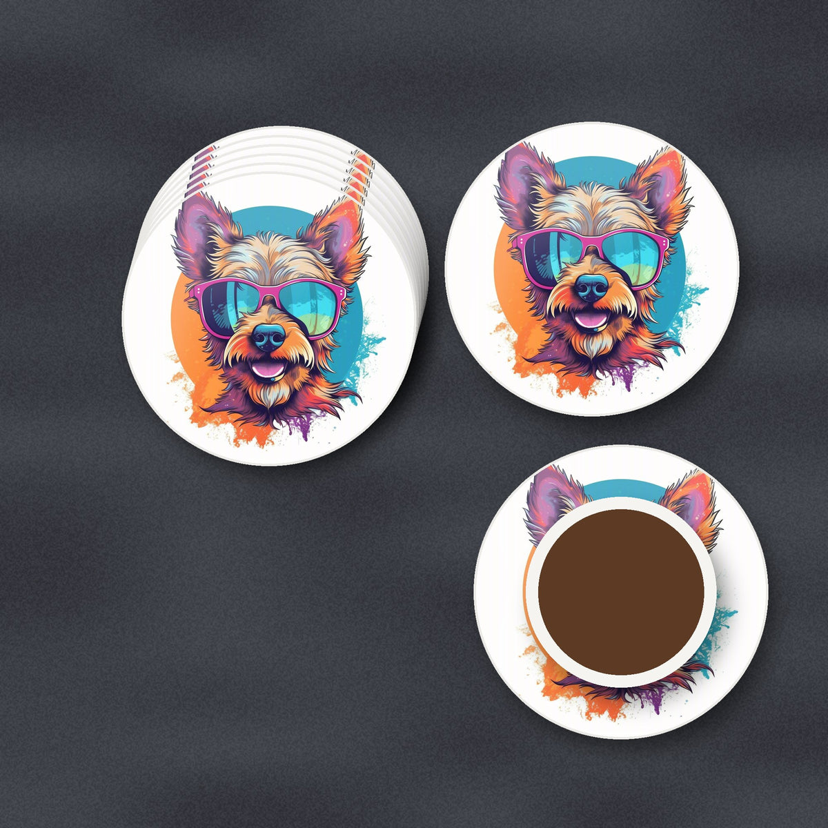 Terrier in Pink Sunglasses round ceramic coasters stacked on a slate kitchen worktop