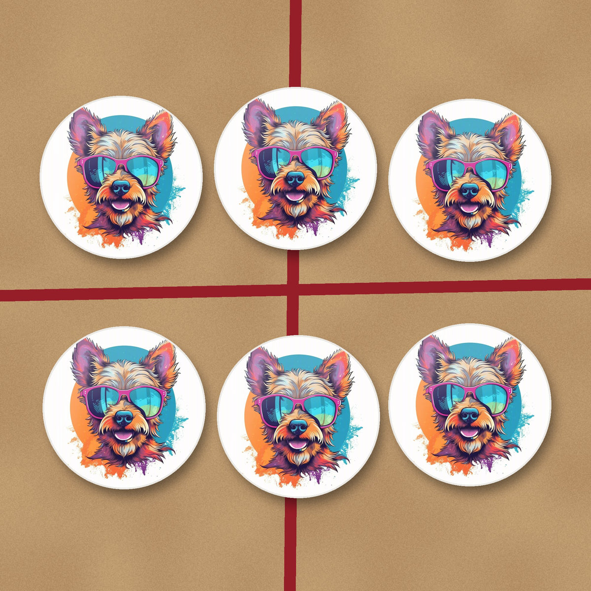 Terrier in Pink Sunglasses round ceramic coasters on kraft gift wrap