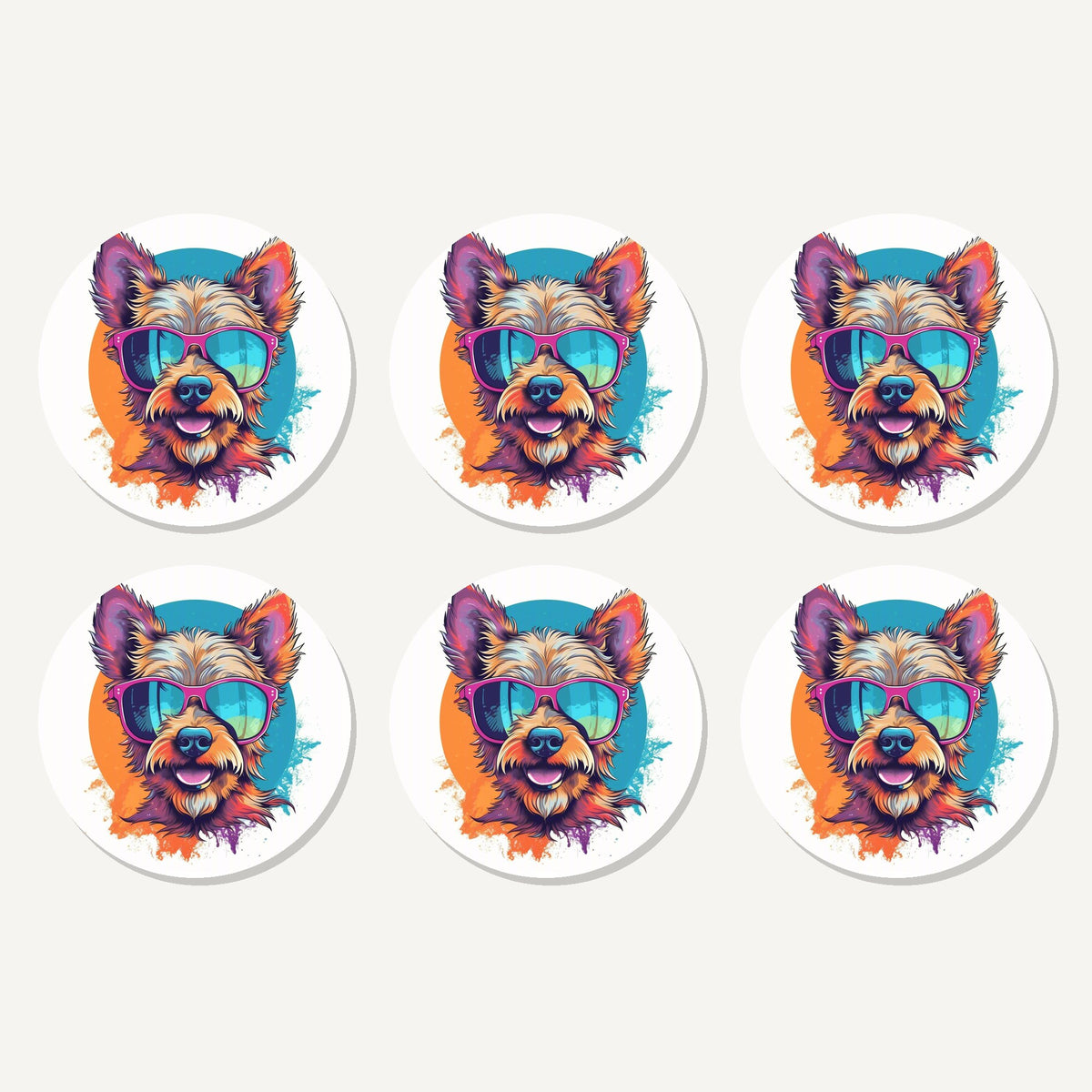 Flat lay of the terrier in pink sunglasses artwork on six round coasters